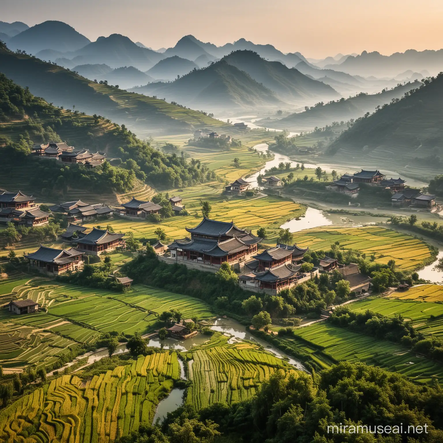 Scenic Rural China Landscape with Rolling Hills and Rice Terraces