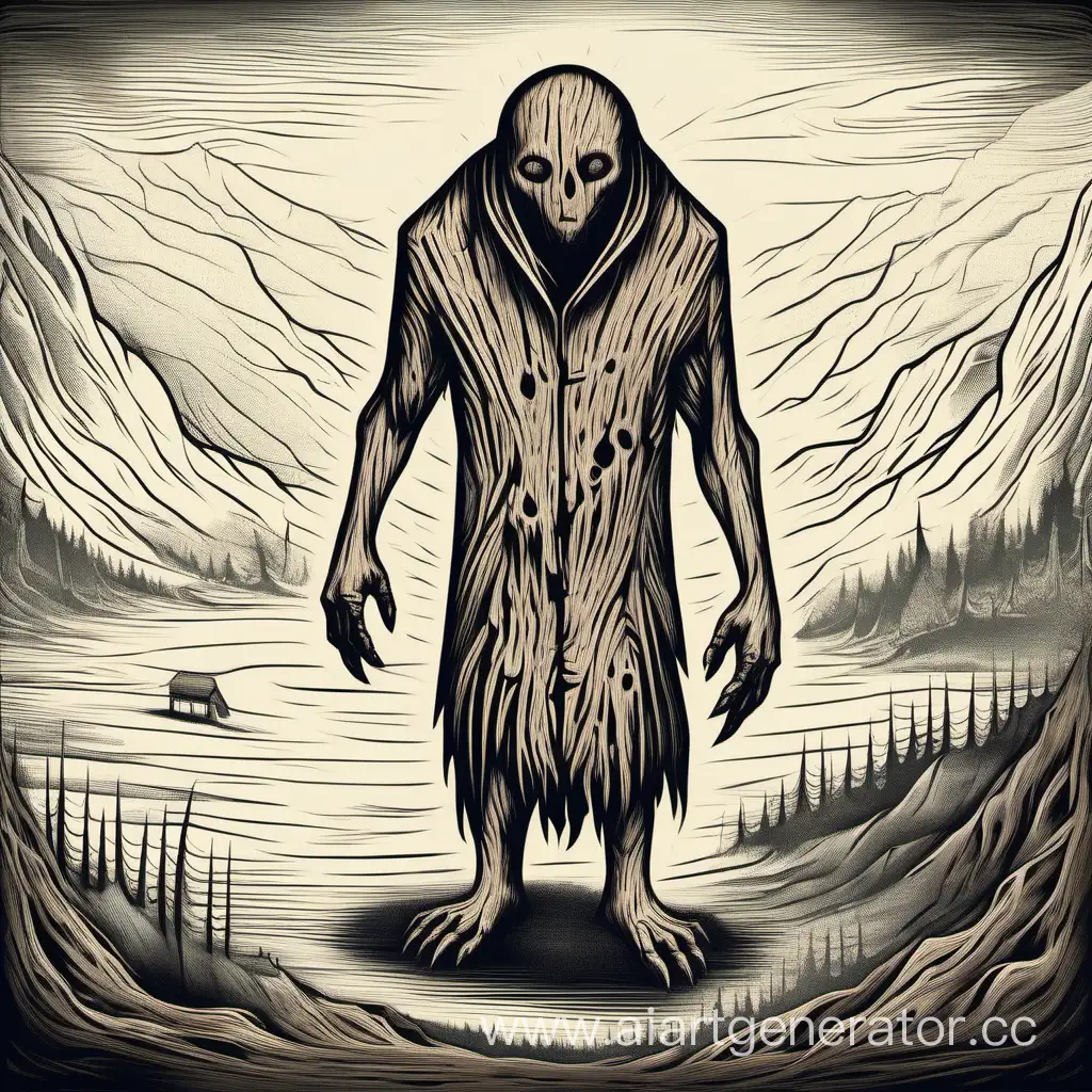 A creature without a head, with wooden skin, Living in the north, engrave style