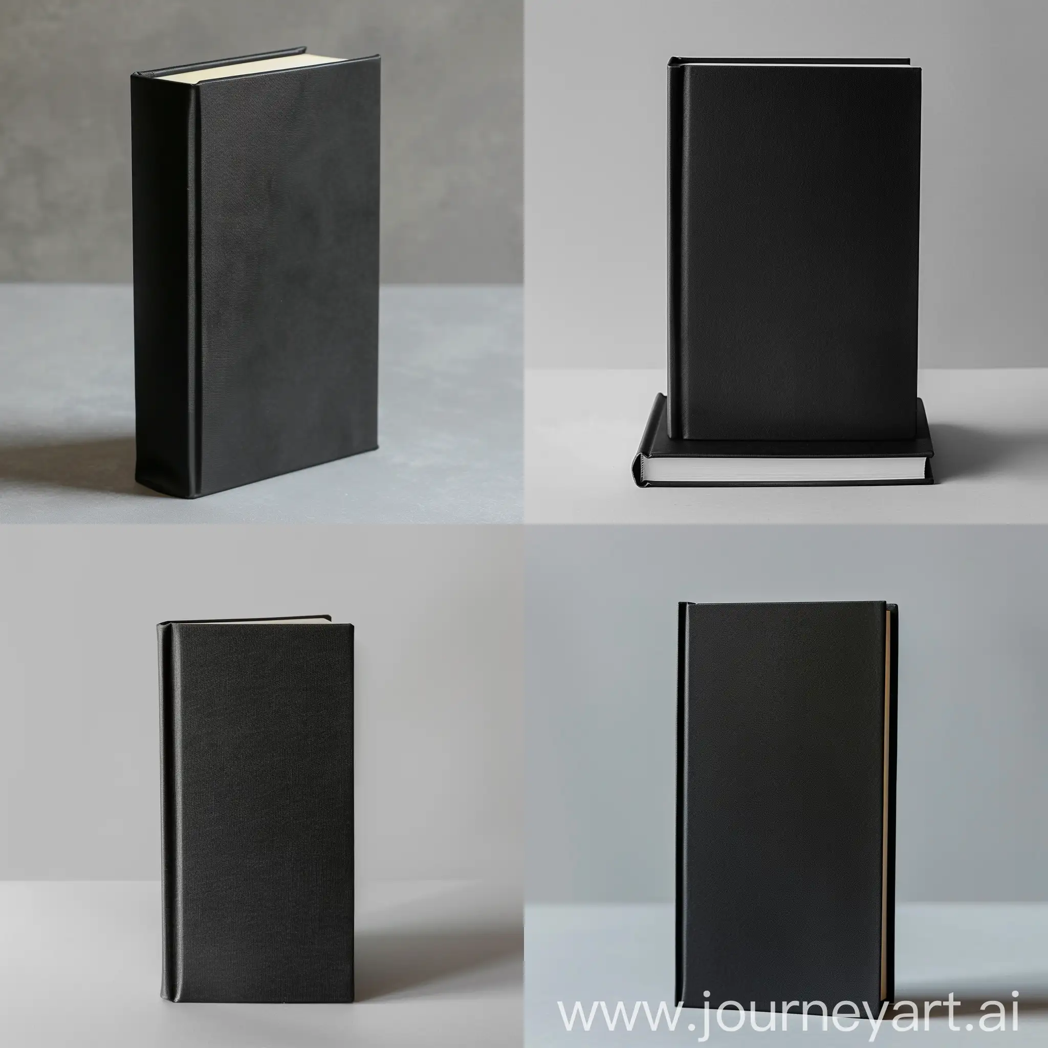 new stylish black book, standing vertically on the table, light gray uniform background