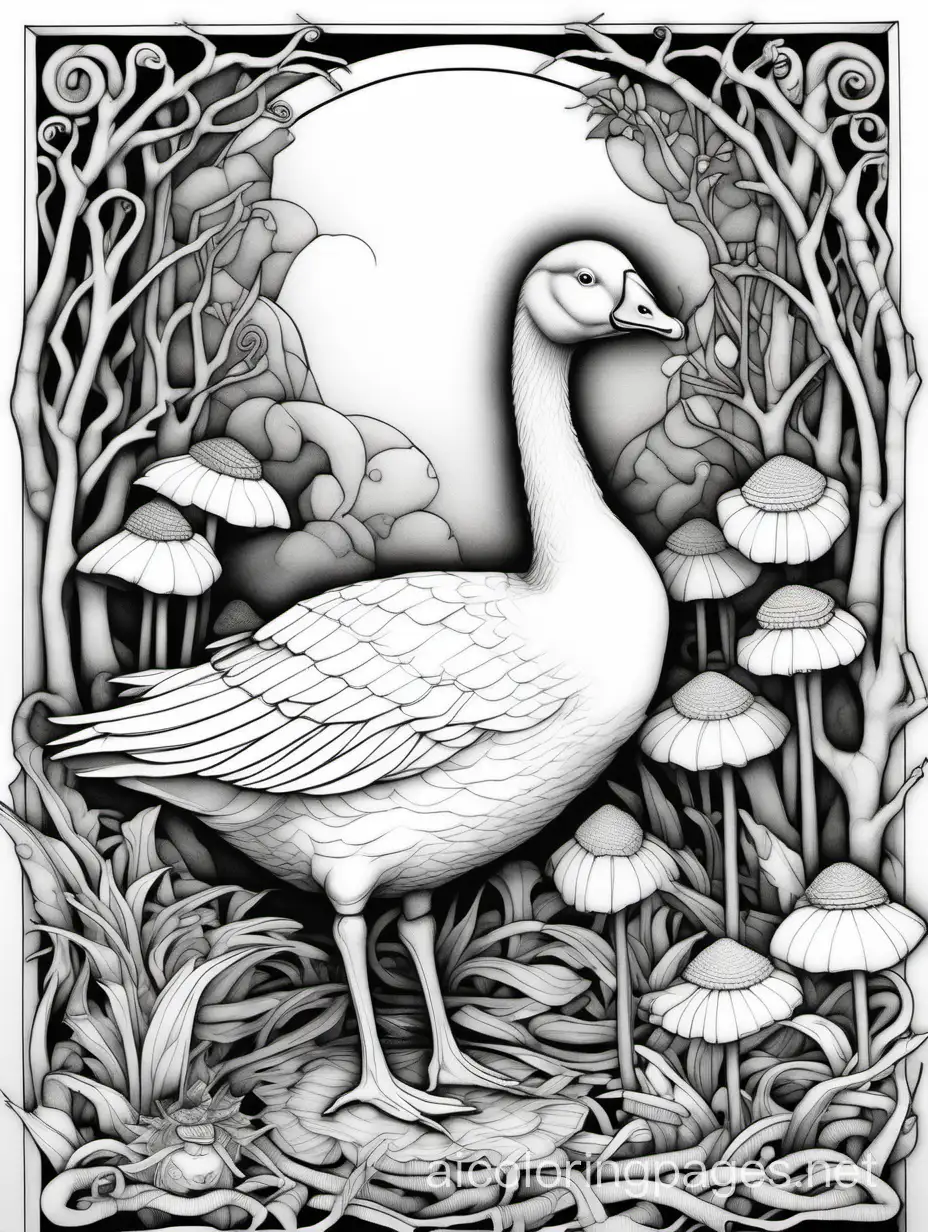 Geese ,extremely detailed, intricate, beautiful ,  Brian Froud, catherine abel , Yacek Yerka, Bernard Frize, Coloring Page, black and white, line art, white background, Simplicity, Ample White Space. The background of the coloring page is plain white to make it easy for young children to color within the lines. The outlines of all the subjects are easy to distinguish, making it simple for kids to color without too much difficulty