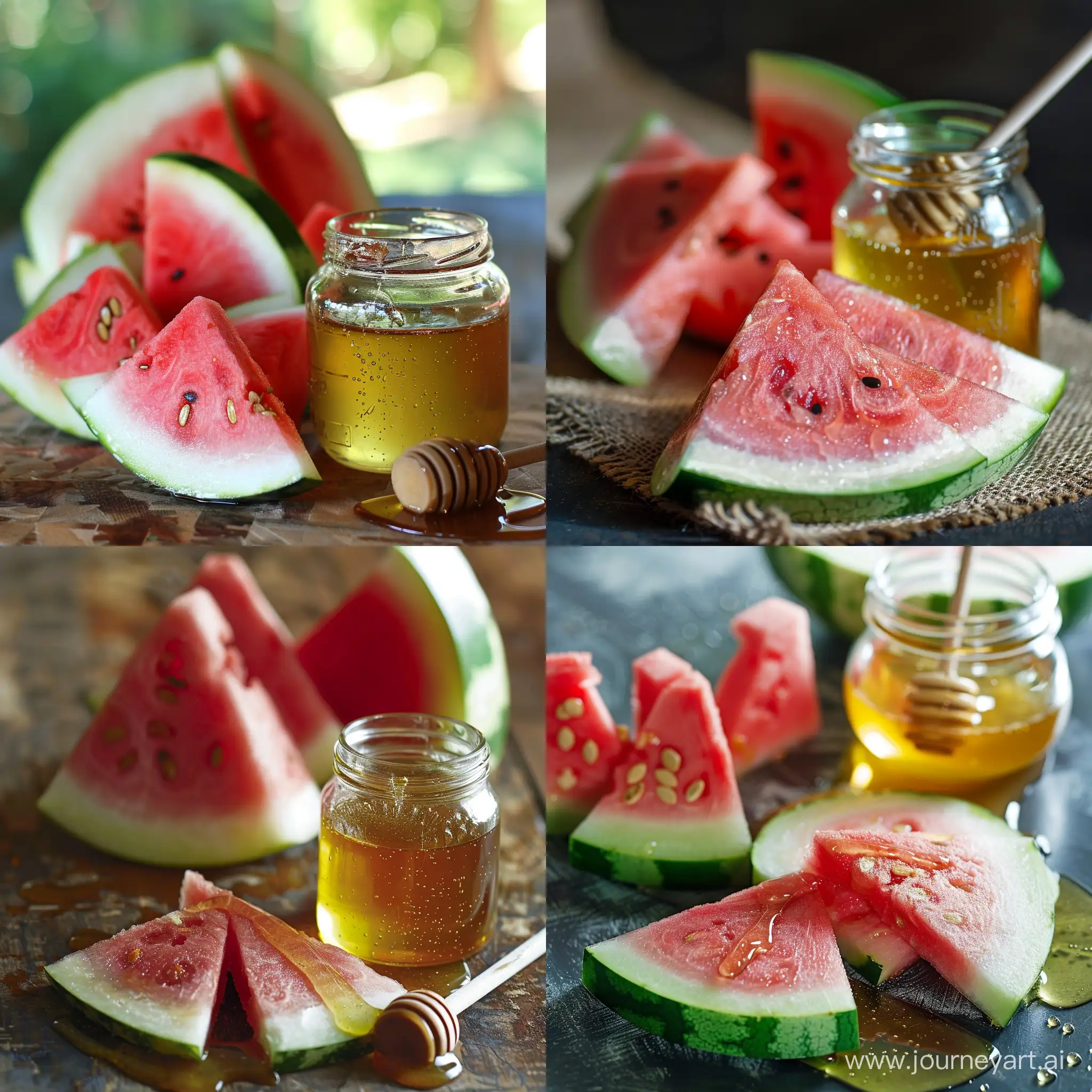 A natural and real picture of some pieces of watermelon. A jar of honey.