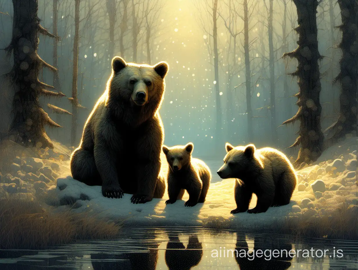 beautiful cute two bear cubs, mama bear reinterpreted in the form of digital pointillism, pearly sunlight, a small river in the forest, snowdrops, inkwell and ink pen among the thickets of plants, beautiful expression of gestures, open eyes Tran Nguyen Jeremy Mann Frank Frazetta Karne Griffiths WLOP, complex, complex contrast, HDR, sharp, soft cinematic three-dimensional lighting, stylized colors, a wide general plan, a perfect masterpiece of fantasy art