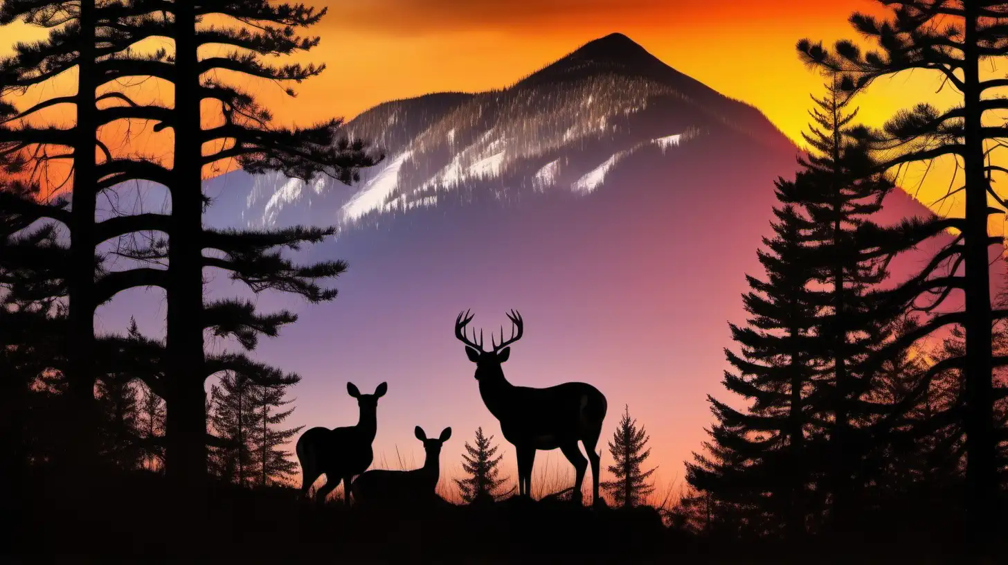 rimlit whitetail buck and doe deer silhouette in forest sunset with colorful mountain in background, pine trees in foreground
