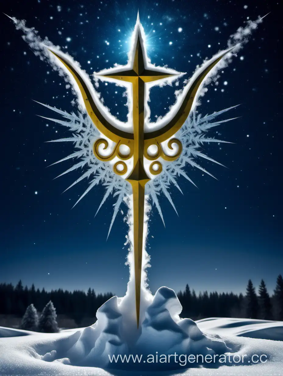 Украинский трезубец настоящий действующий герб Украины зроблений зі снігу в синьому небі у місячному сяйві в стилі Сальвадора Далі на тлі космічних зірок