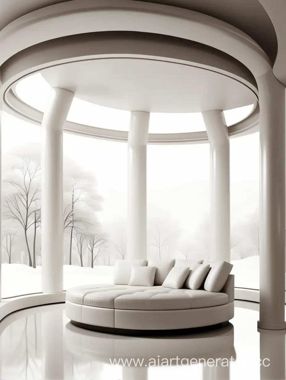 хорошо обставленная белая круглая комната с видом сбоку



