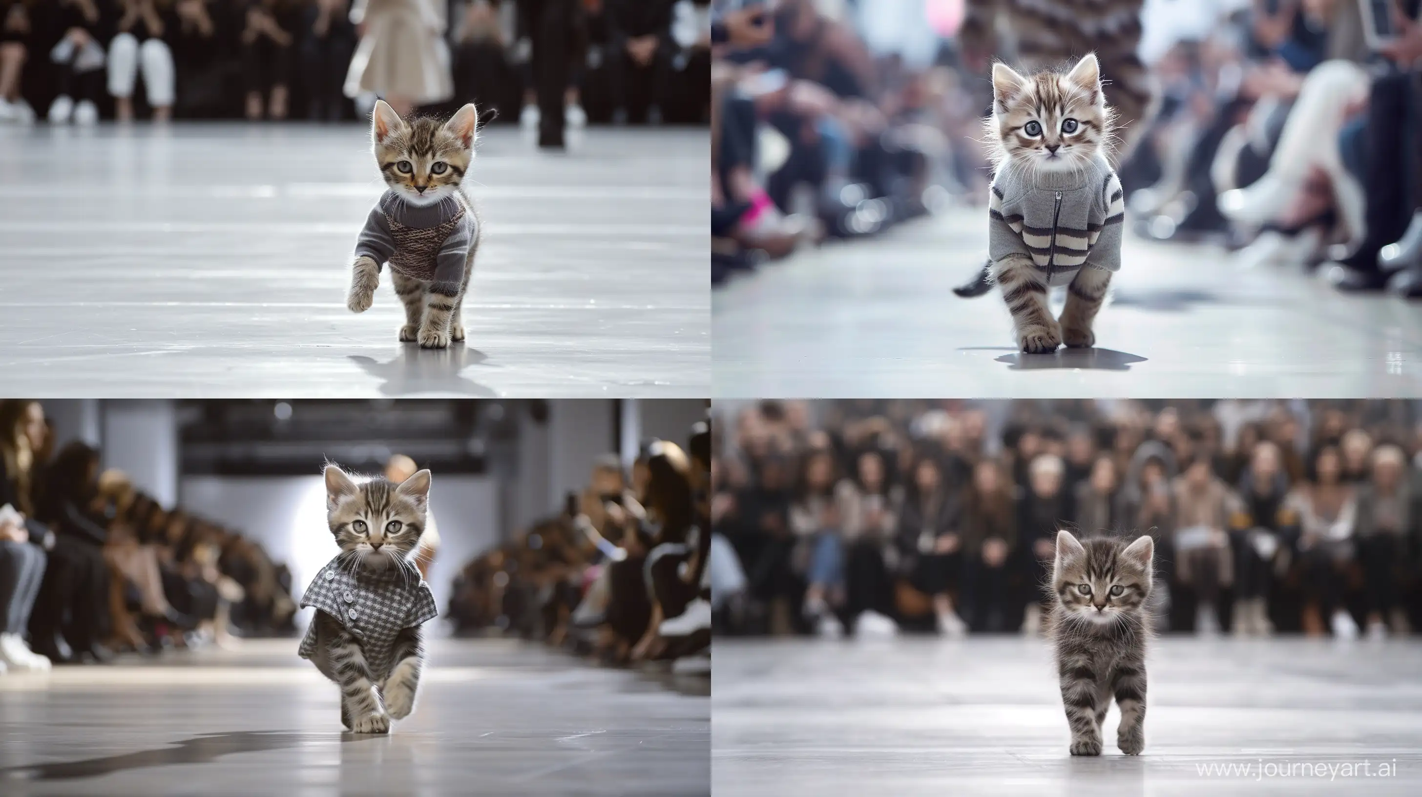 Long shot Cute anthropomorphic kitten in a simple little outfit that keeps up with the fashion trend clothes, kitten model walking down the runway, Paris fashion week, background many peoples --ar 16:9 --v 6.0