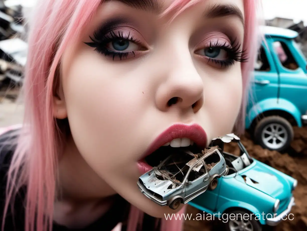 Photo of cute emo girl, kissing the air, a few wrecked and destroyed super small cars are stuck on her lips, very big lips close-up, only lips on the photo