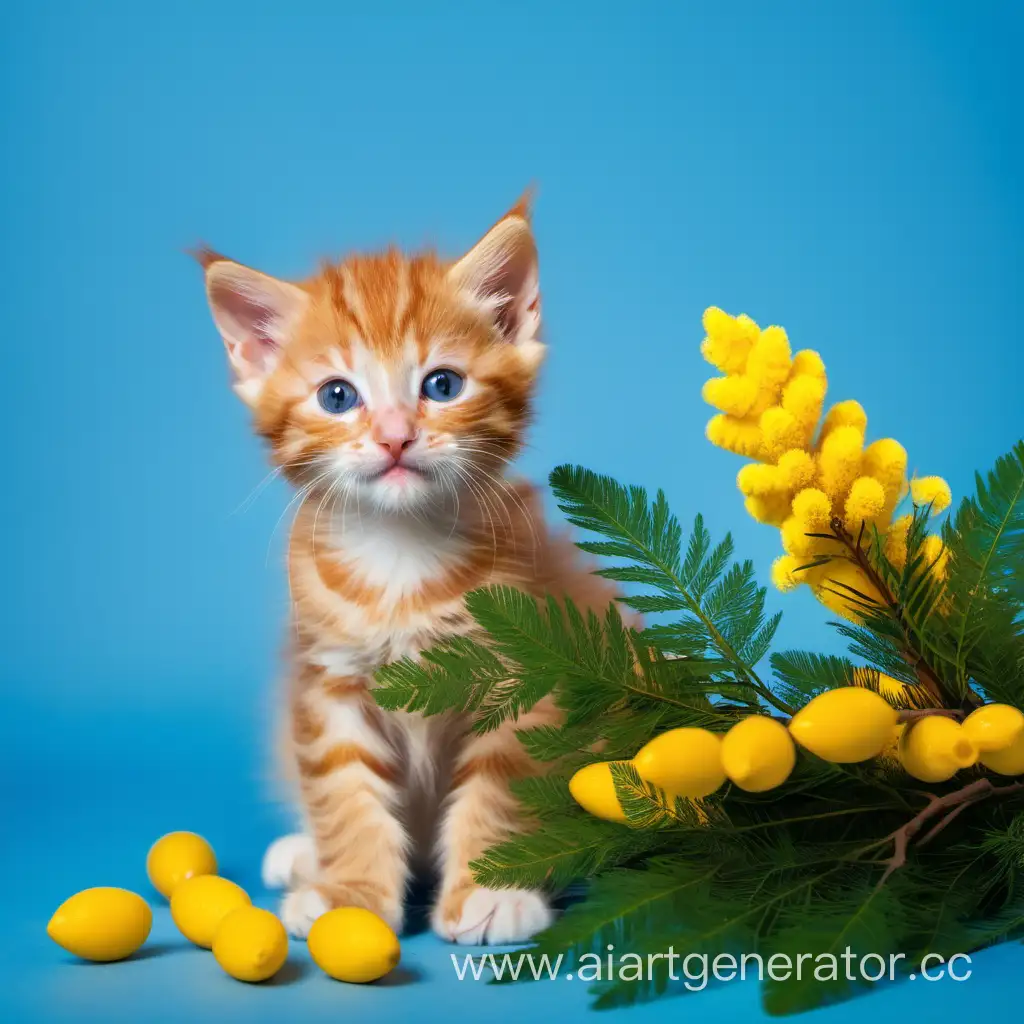  Рыжий  котенок  на синем фоне поздравляет с весной и дарит веточку желтой мимозы
