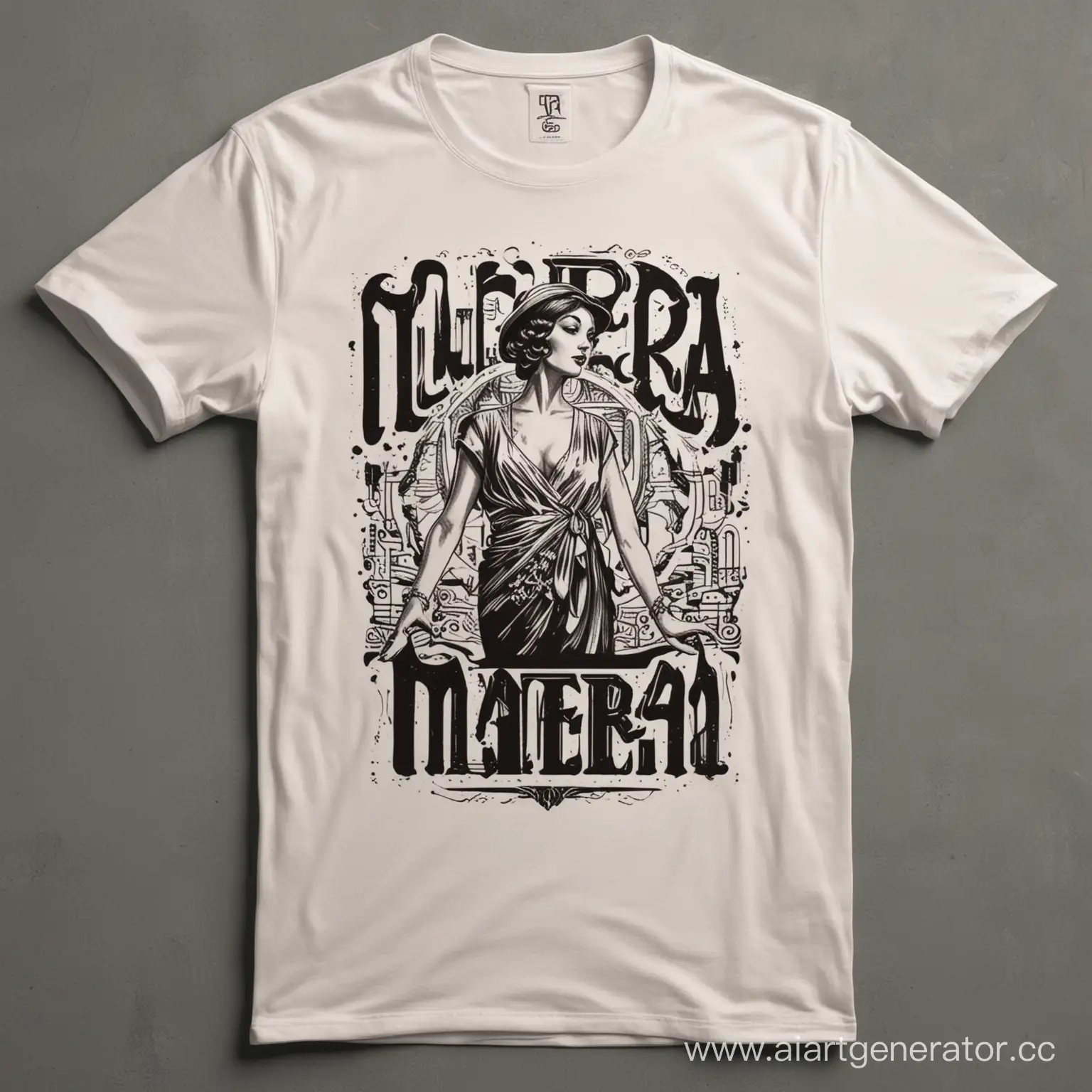 сделай дизайн футболки с натписю manera в стиле 1920 годов