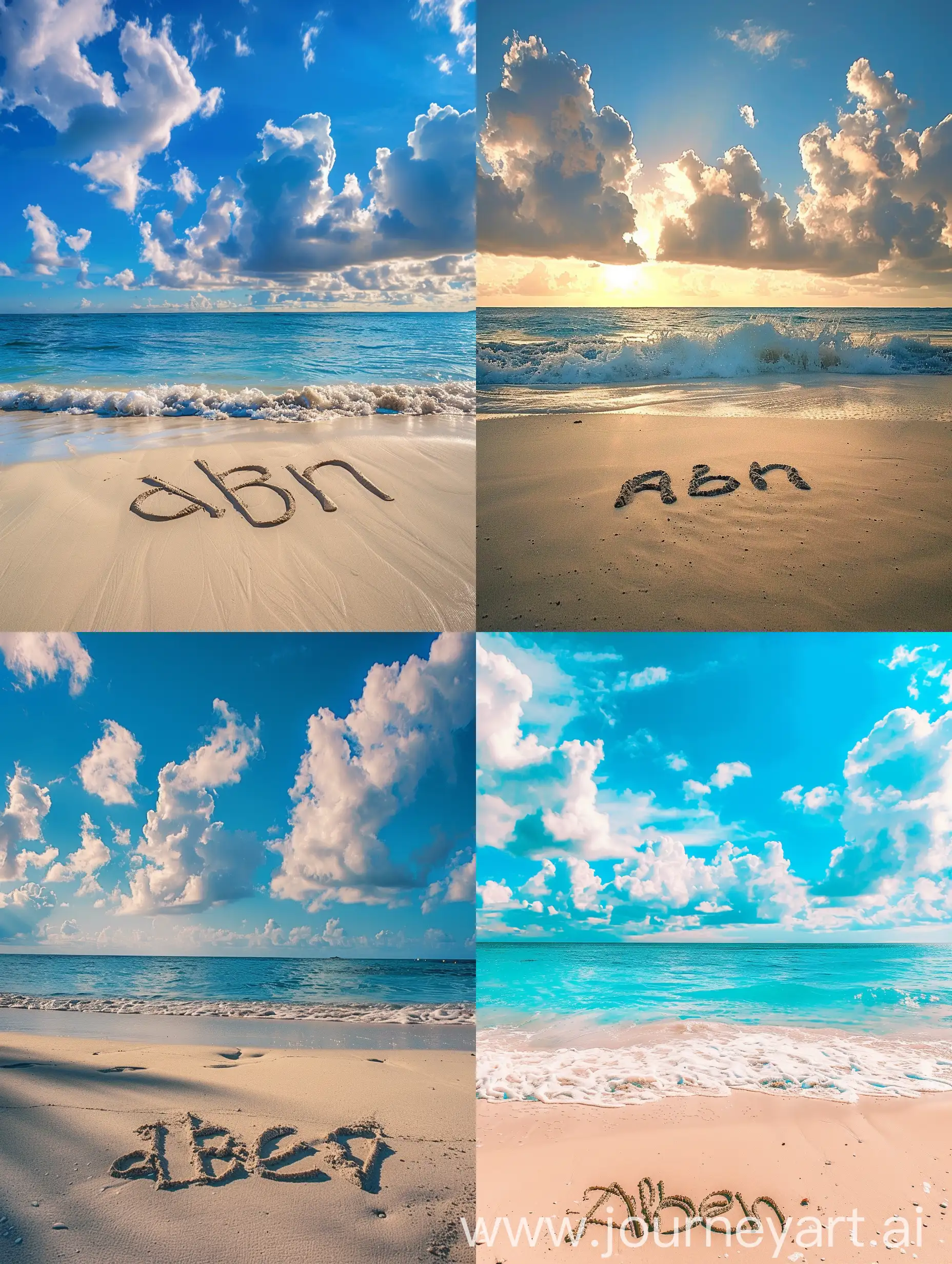 beautiful beach sand, blue sea and blue and white clouds during the day on the beach sand, the name "aben" is written in clear, natural HD