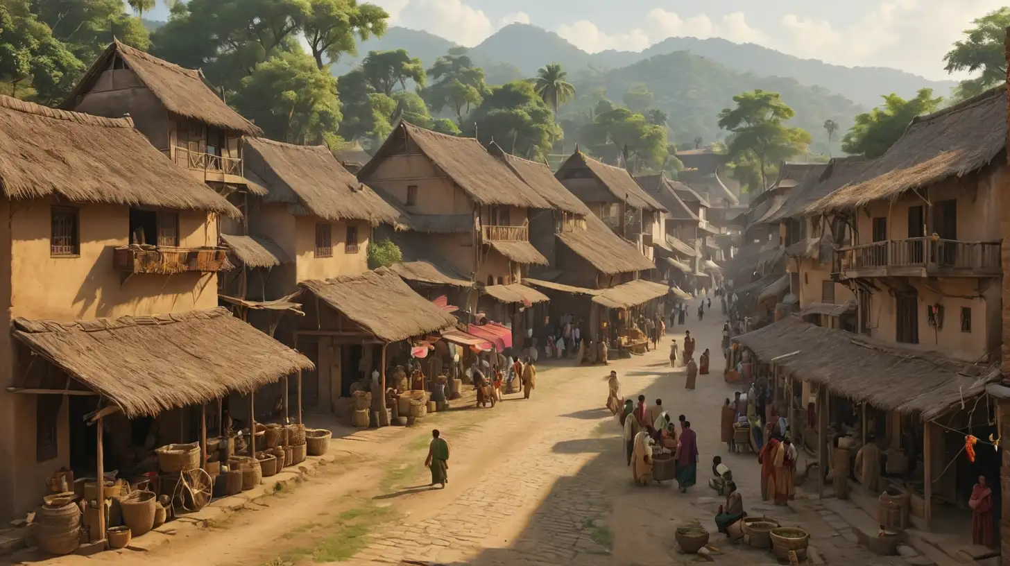 Generate a 15th century village in India, showcasing village life, with old bazar and people