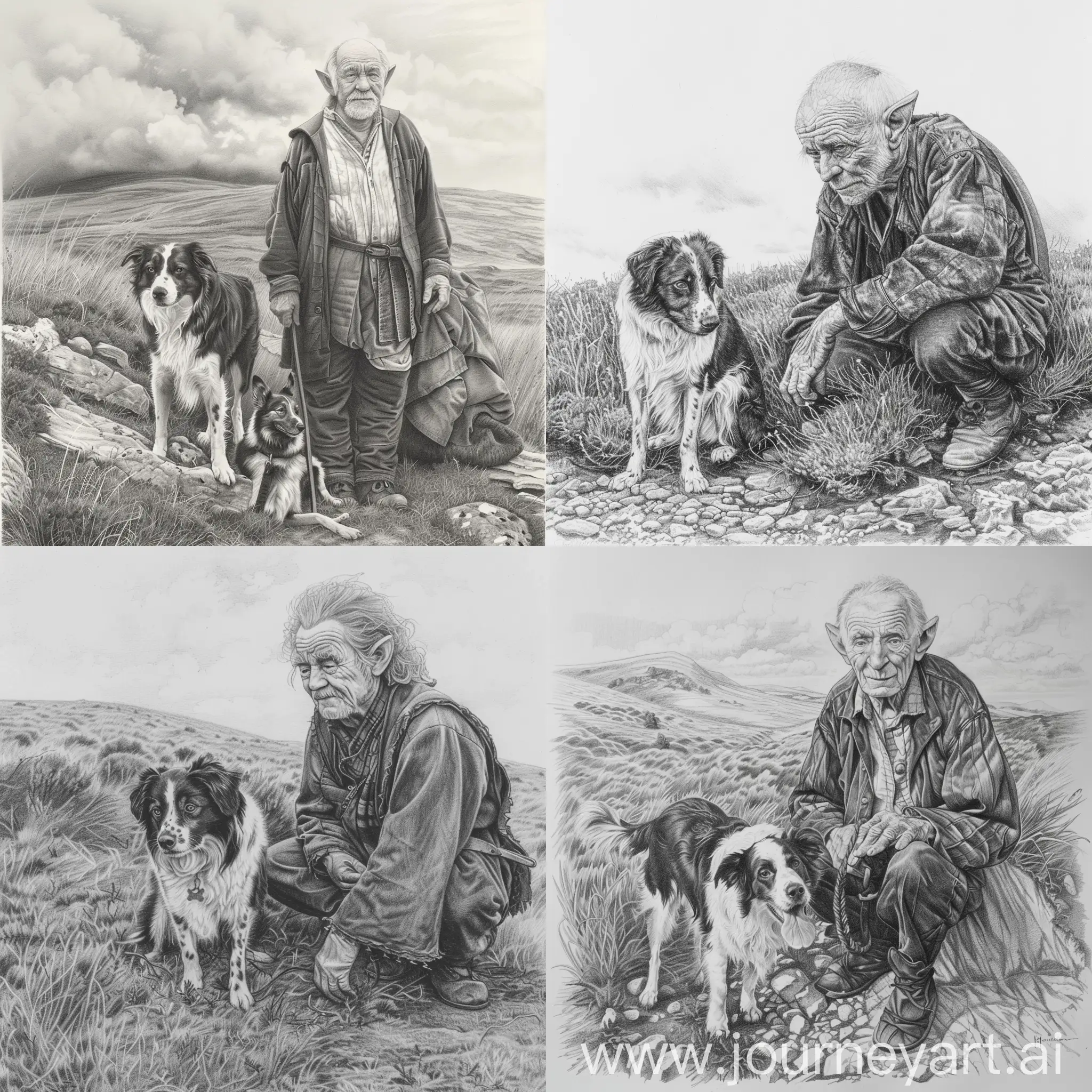 pencil drawing, a middle-aged, clean-shaven hobbit with border collie on the moorland