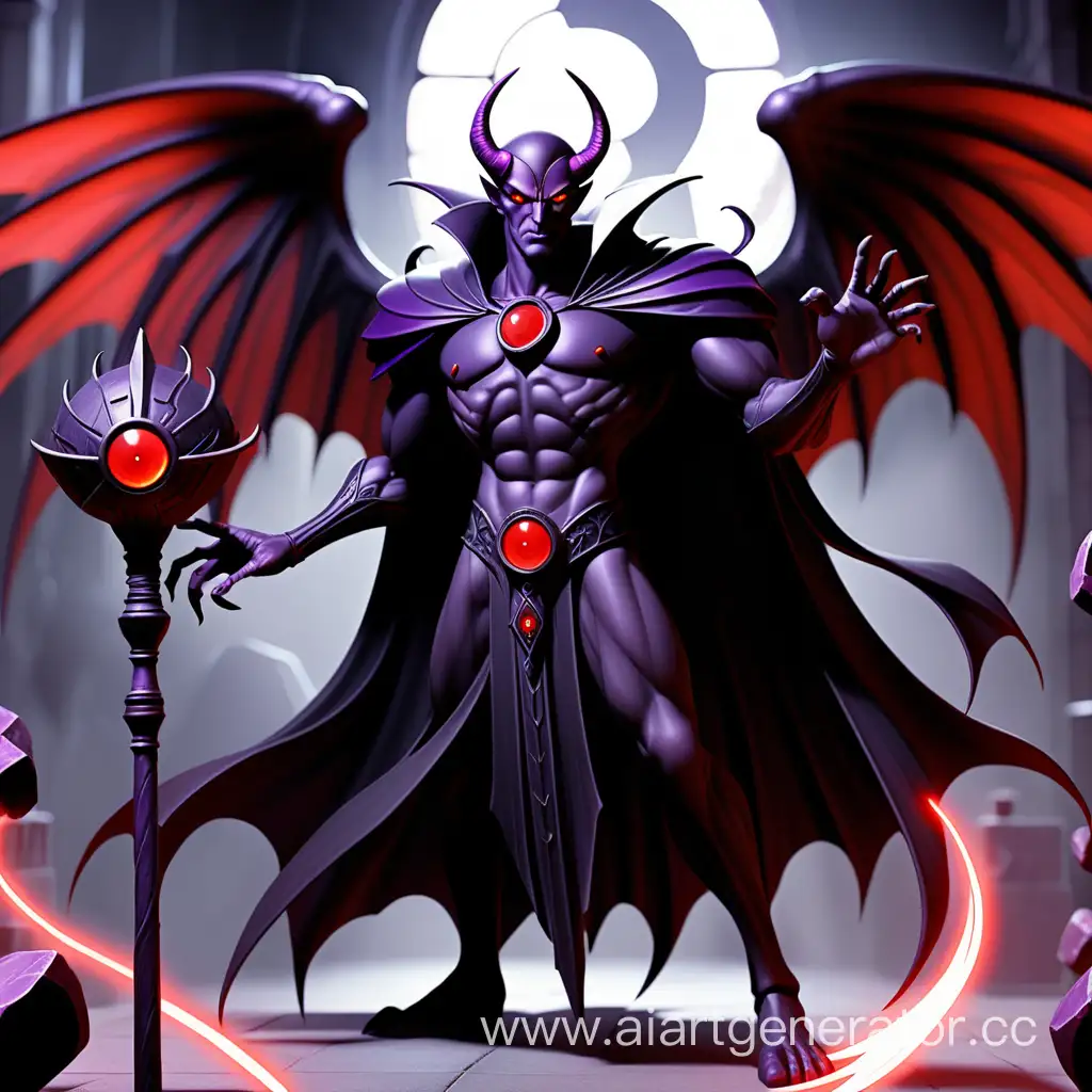 Злодей который обитает в мире тьмы. Черно-фиолетовый костюм, крылья,  красные глаза, в руках посох тьмы, в который вставлен артефакт дающий силу тьмы. 