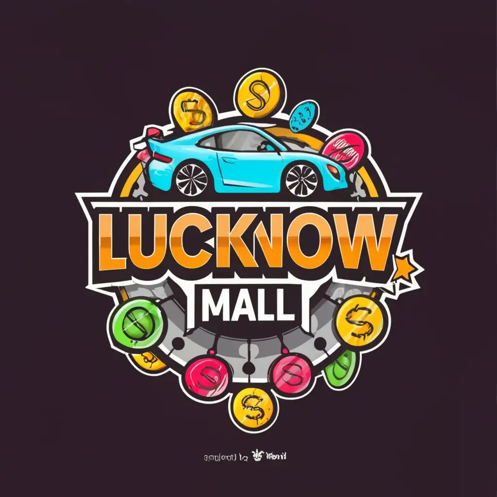 a logo design,with the text "LUCKNOW MALL", main symbol:SPORTS CARS, IPHONES,COINS, COLOUR GAME,  RED,complex,clear background