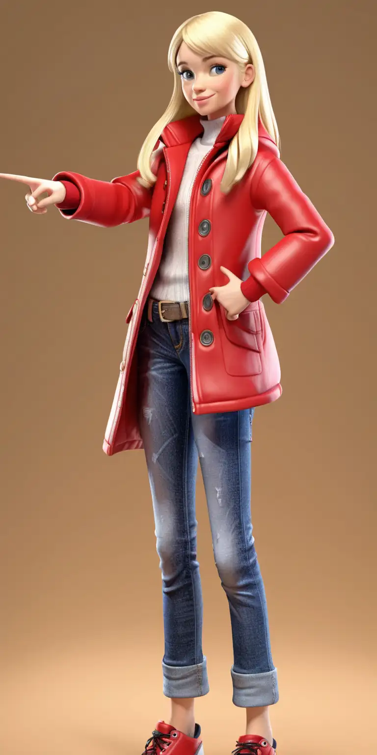A 3D-generated blonde girl wearing a red winter coat and jeans, full body, pointing to the left, that can be used as an avatar or guide for a website