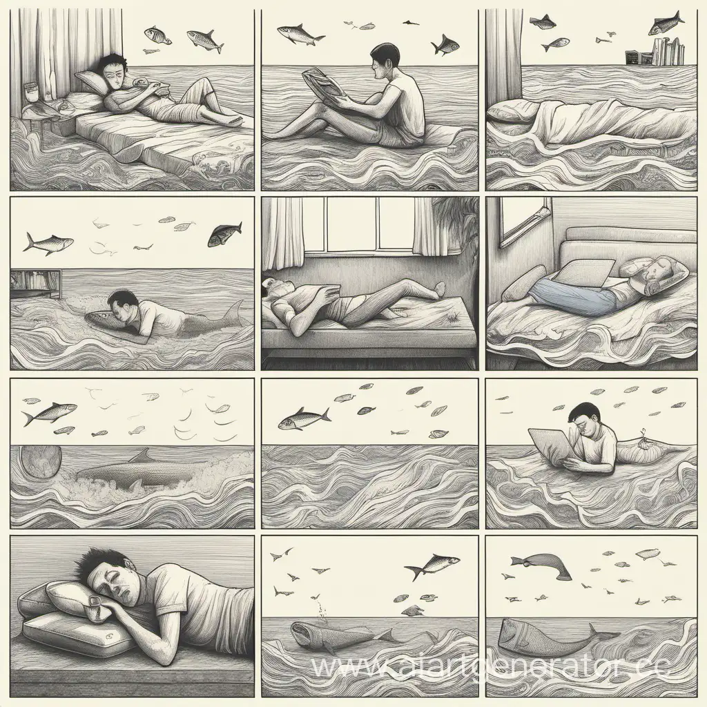 Нарисуй картинку: парень спит, смотрит сериальчики, кушает и купаеться в море.