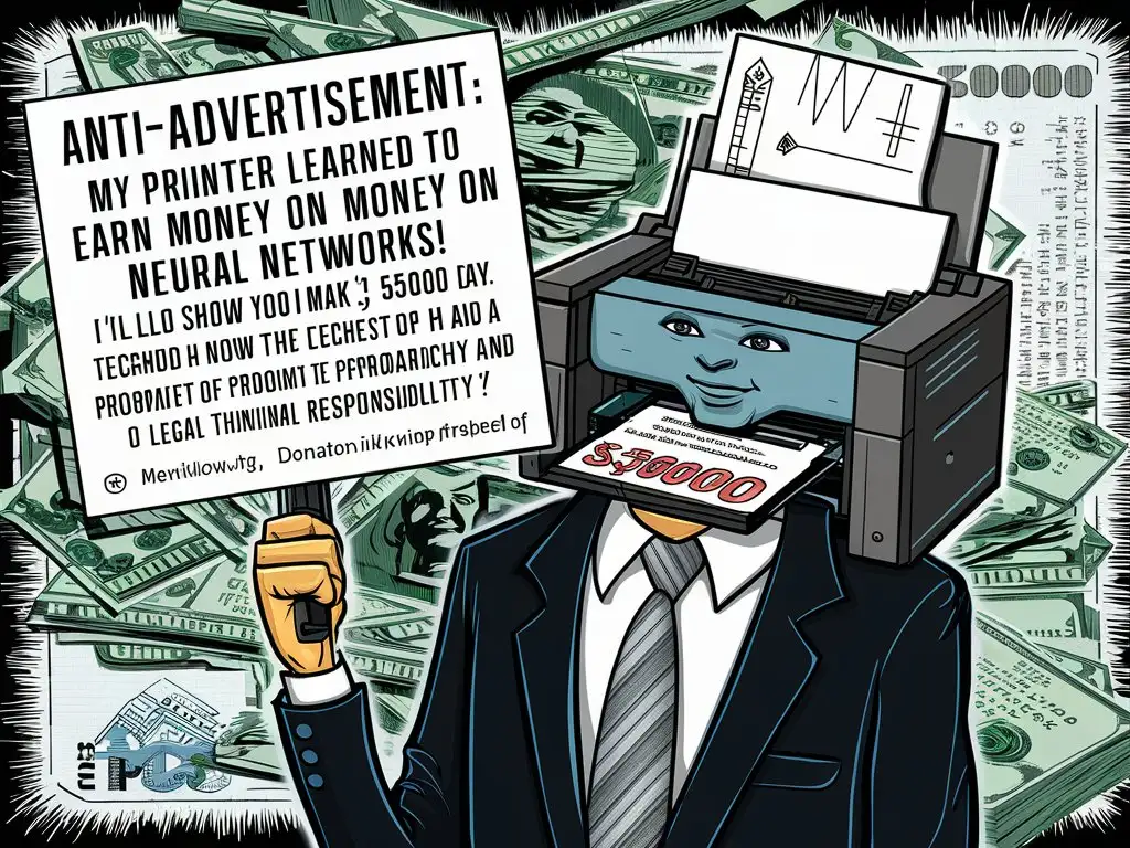 Non-advertisement! Even my printer has learned to earn money on neural networks, I will show an example of how to make 5000 money a day... Fraud with artificial intelligence based on the probability theory of legal liability criminal liability :) 

 ©  Melnikov.VG, melnikov.vg

https://pay.cloudtips.ru/p/cb63eb8f

^^^