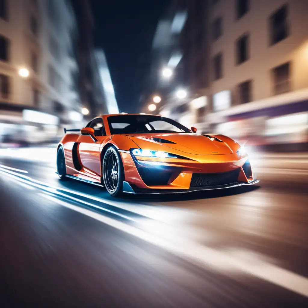 speeding sports car drifting through city at night with motion blur lights

