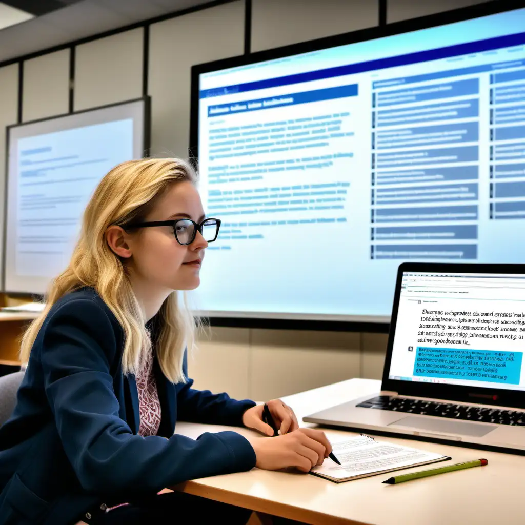 Generate an image showcasing Emma, an emerging technologist with a focus on applying ethical principles to education technology. Visualize Emma seated at a modern desk within a bright, contemporary study space. She's a blonde woman with a warm smile, wearing glasses that reflect her dedication to her work. Surrounding her are shelves filled with books on technology, education, and ethics, indicating her diverse interests and expertise.

Emma is engrossed in reviewing educational software interfaces on her laptop, carefully considering their usability and ethical implications. She's equipped with a pen and notebook, jotting down ideas for integrating ethical design principles into educational technology.

In the background, a large whiteboard displays diagrams and notes related to her ongoing research projects on technology ethics in education. Posters advocating for inclusive and equitable learning environments adorn the walls, reflecting Emma's commitment to social justice in education technology.

Soft sunlight streams in through the window, creating a serene atmosphere conducive to deep thought and reflection. The scene exudes a sense of purpose and determination as Emma applies her knowledge and passion for ethics to positively impact the field of education technology.