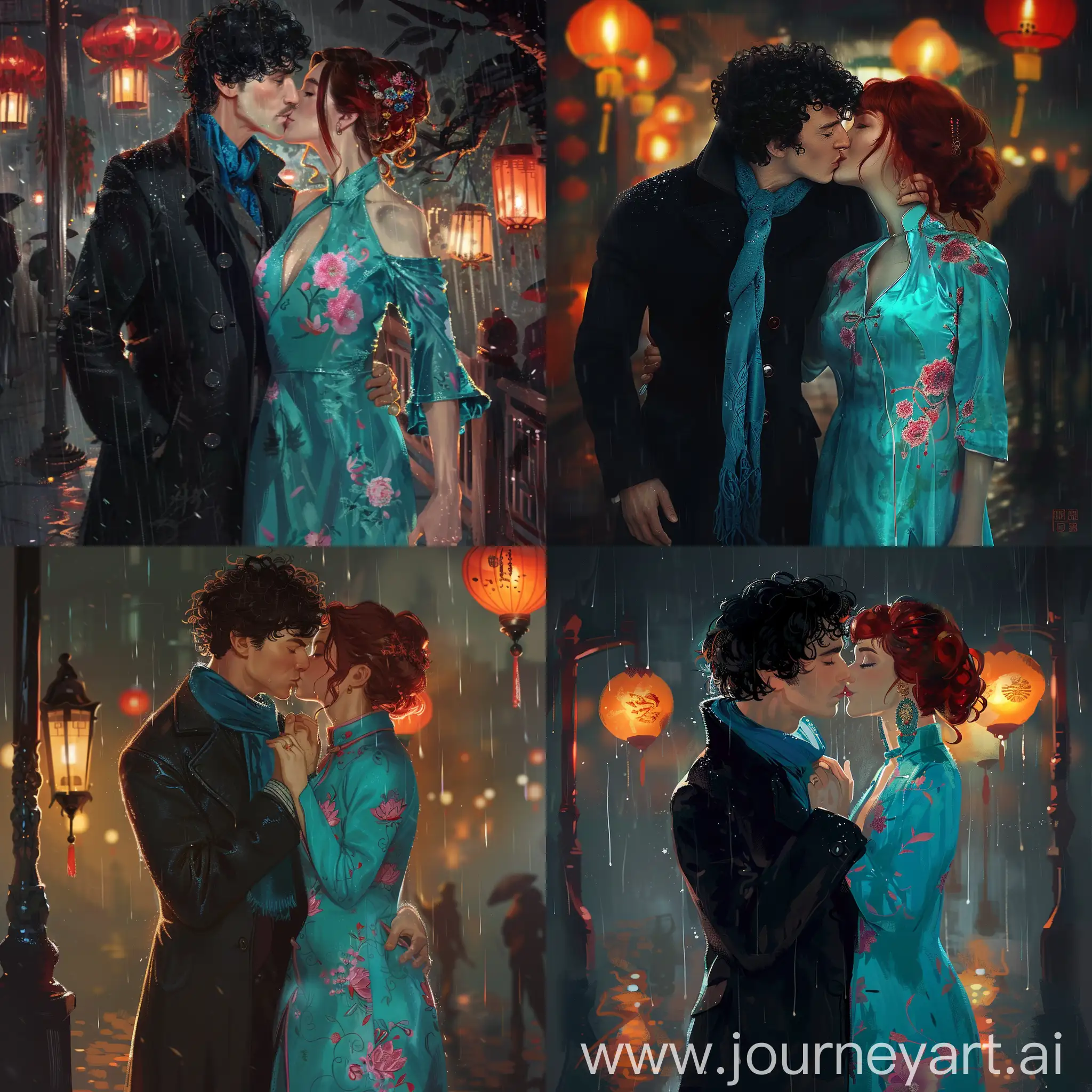 Sherlock Holmes with black curly hair from the BBC series Sherlock in a felt black coat and a blue scarf kisses a red-haired woman in a turquoise qipao with a pink floral pattern. The couple stands in the night rain and are illuminated only by lanterns