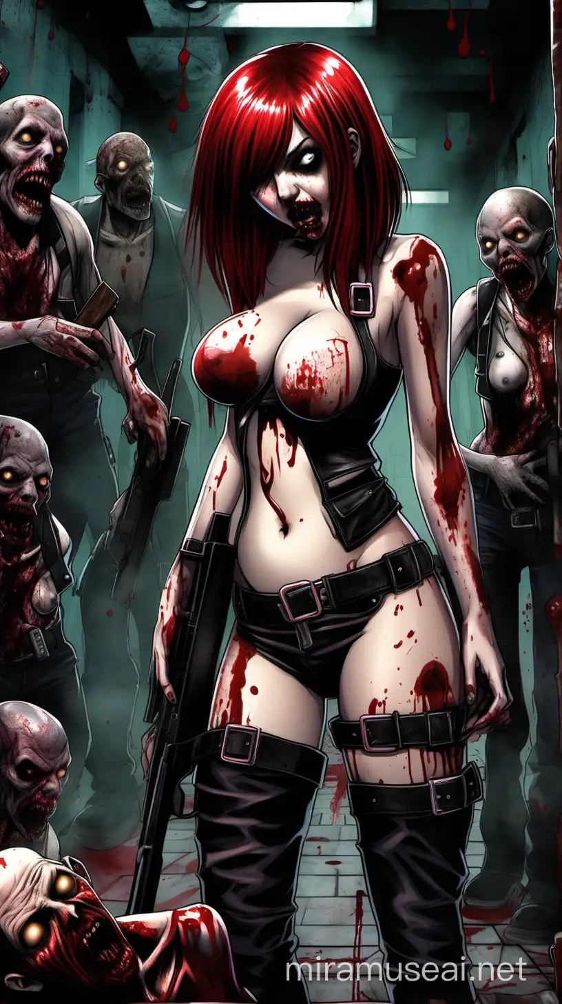 A voluptuous emo girl completely nude with pale skin, black and red hair and large breasts wielding a shotgun in a dungeon filled with zombies with the floor covered in blood.