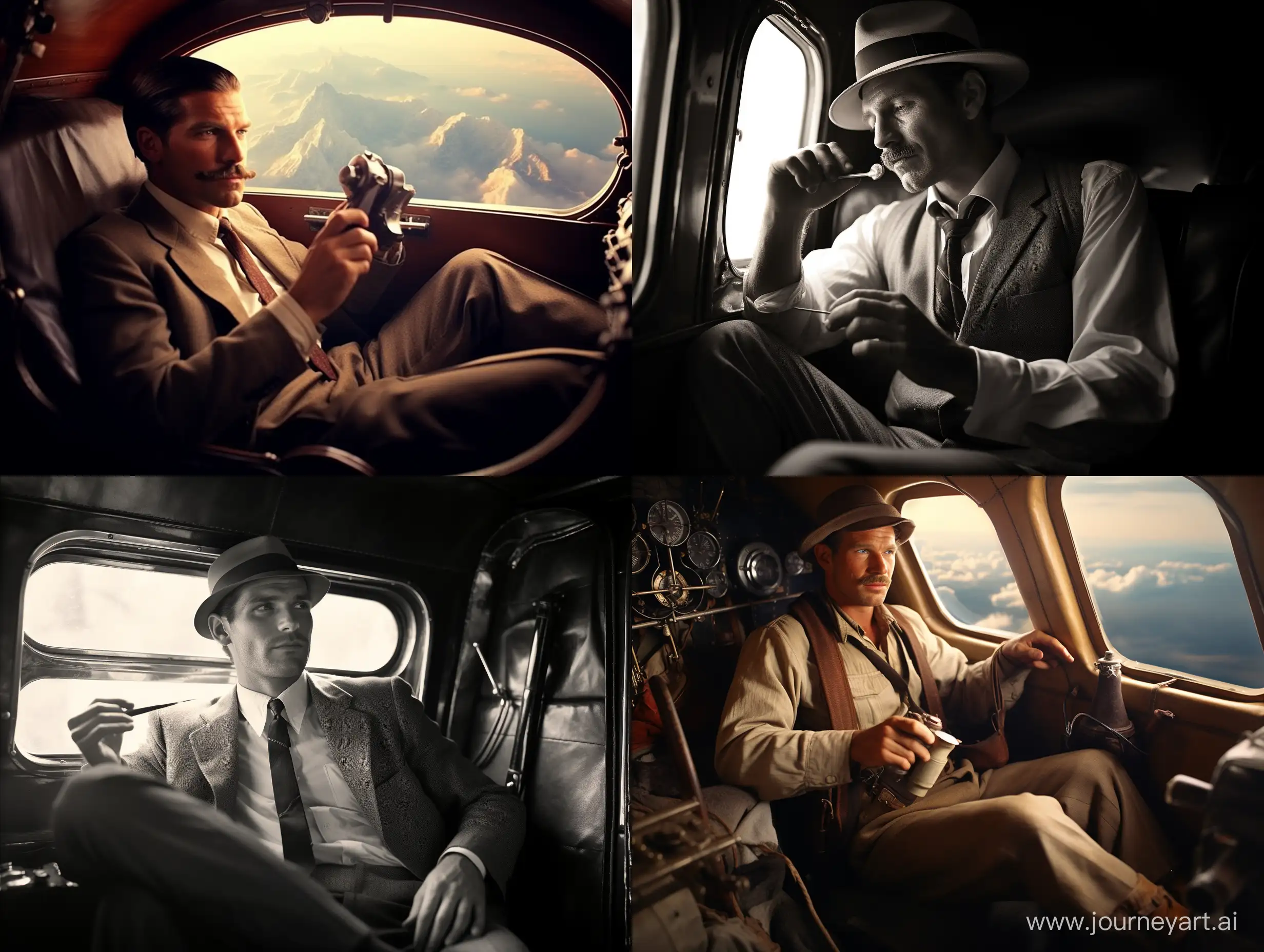 Vintage-Indiana-Jones-Smoking-Briar-Wood-Pipe-in-1940s-Plane