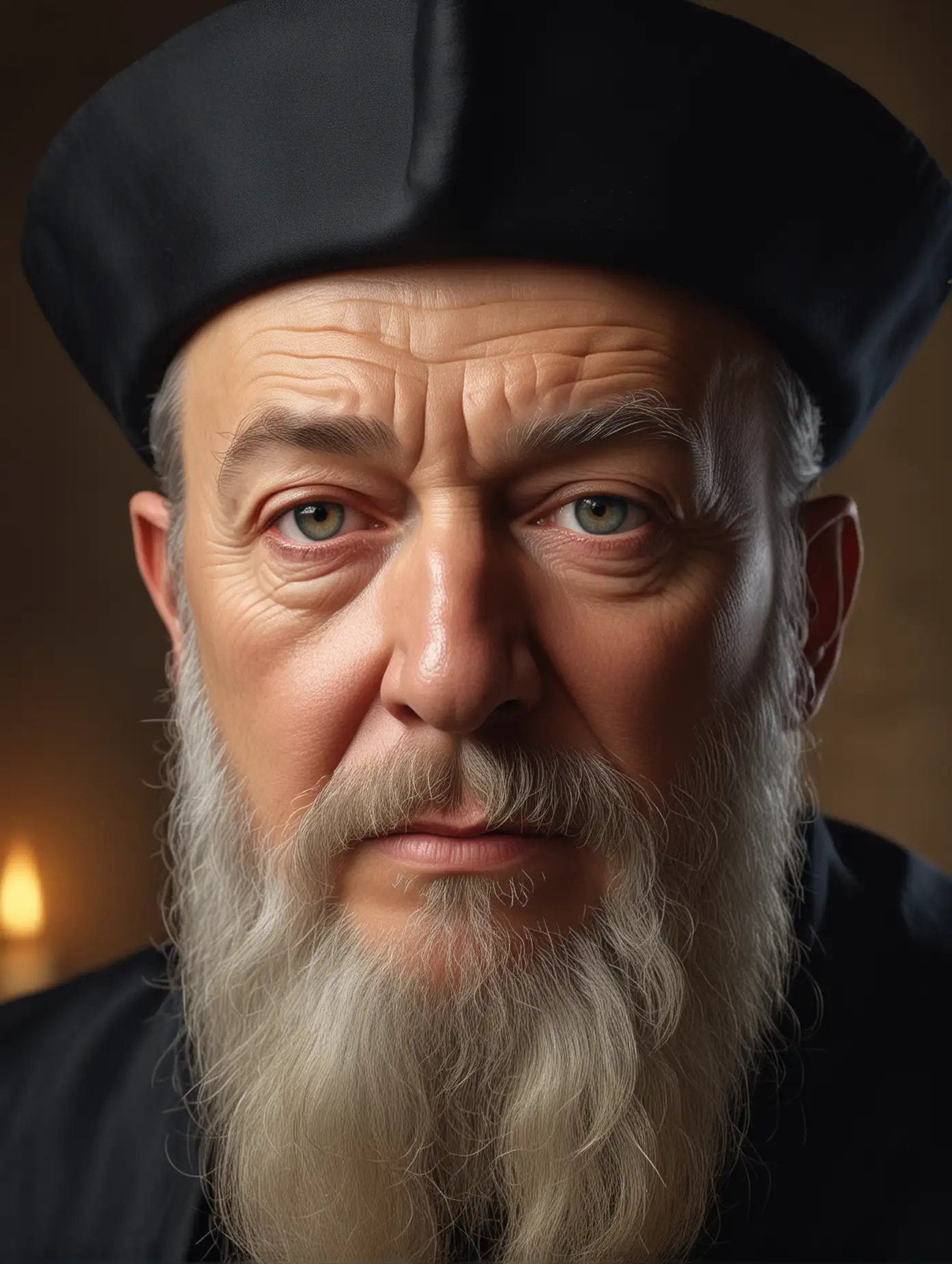 Photo-realistic, (bright and evenly lit), close up, portrait, front light. Nostradamus , his face.