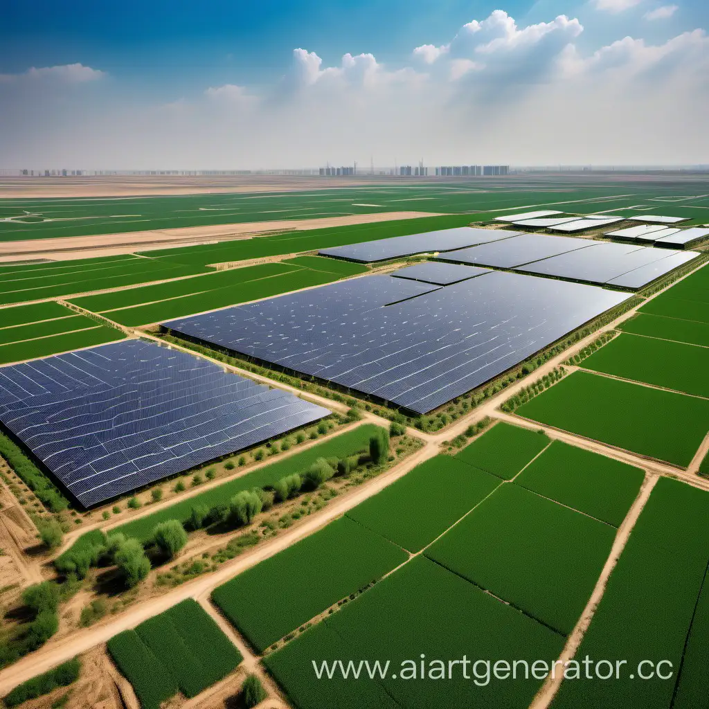 The photo shows a beautiful green landscape where modern agricultural technologies are combined with nature. Organic farming methods prevail in the fields, and farmers use advanced methods of efficient use of water. Solar panels are visible in the background, symbolizing the transition to renewable energy. Waste recycling stations are located next to the fields, emphasizing a responsible attitude to the environment. Photography expresses harmony between man and nature, emphasizing efforts to solve environmental problems in Uzbekistan.