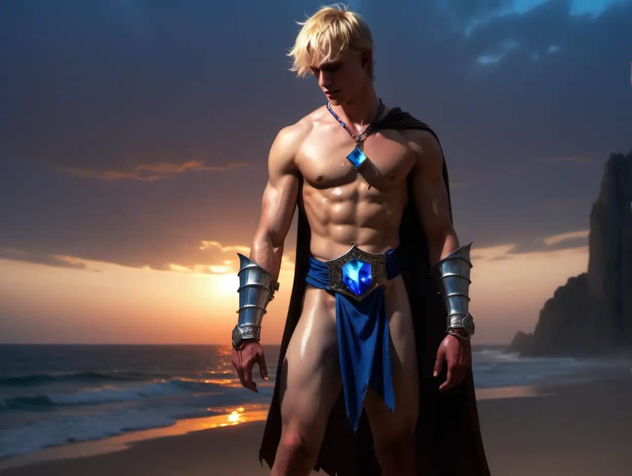 A handsome blonde knight, 5 o'clock shadow, blue crystal necklace, short hair, shirtless, very sweaty, oiled up, loincloth, bracelets, leg armor, praying, torn cape, sunset