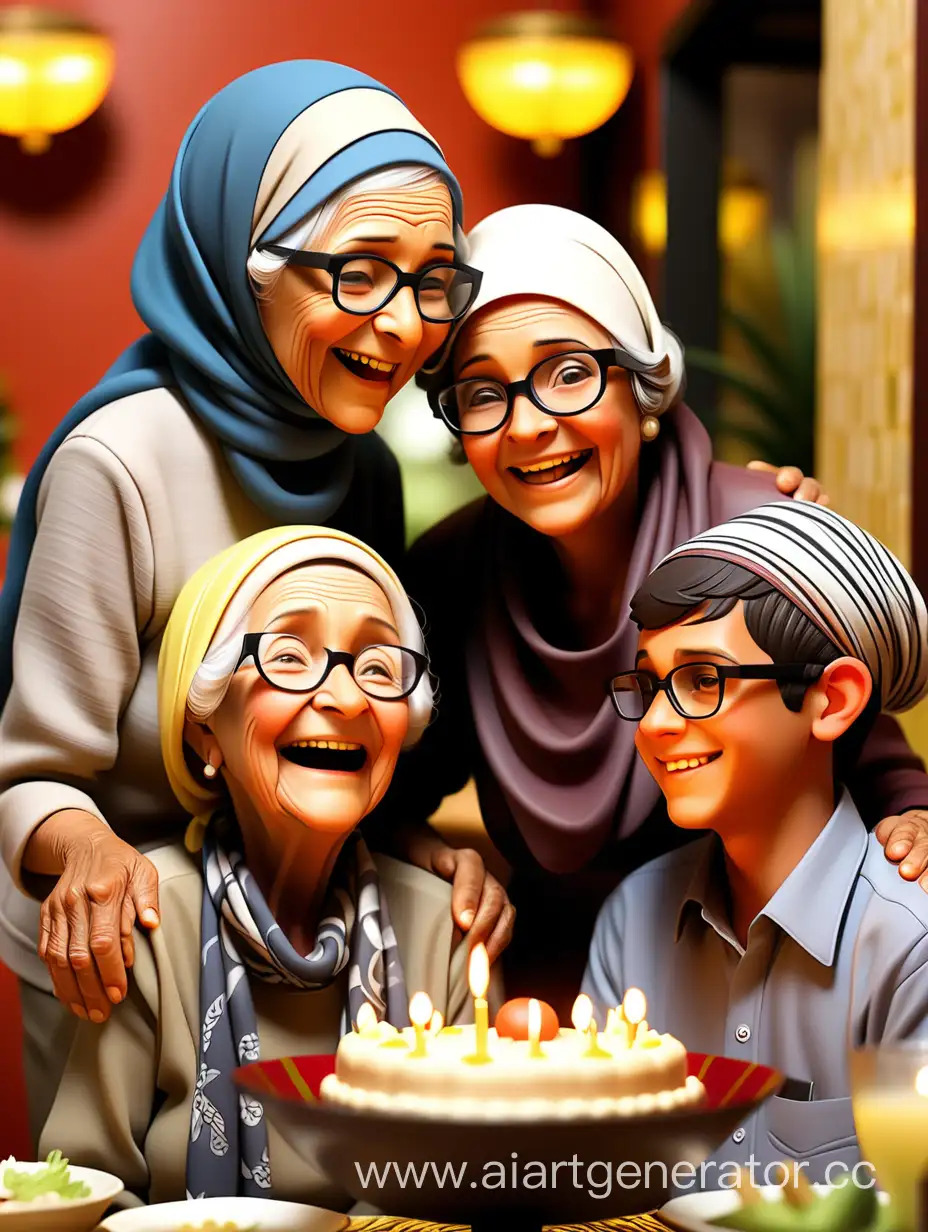 Gambarkan momen perayaan ulang tahun ke-78 seorang nenek yang memakai jilbab dan berkacamata. Nenek tersebut dikelilingi oleh putra pria yang menikahi wanita cantik berjilbab dan memiliki seorang anak laki-laki bertubuh gempal. Ceritakan atmosfer hangat dan penuh kebahagiaan saat keluarga ini berkumpul untuk makan malam bersama di sebuah restoran bertema kebudayaan Jawa. Fokuskan pada detail seperti suasana restoran, ekspresi bahagia nenek, dan momen kebersamaan antara 1 orang nenek, 1 orang anak pria sang nenek, 1 orang menantu wanita, dan 1 orang cucu pria selama perayaan ulang tahun