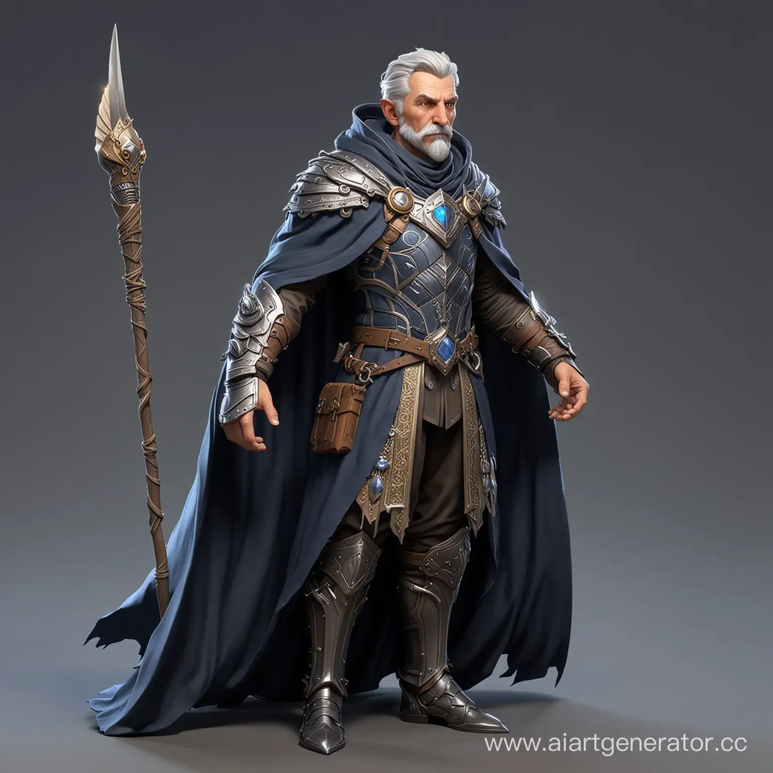 A professional concept of an isometric character in the style of "Hearthstone", close-up: a slender and tall 60-year-old lord of magic with short gray hair, short mustache and short beard, leaning on a staff, in simple and elegant tight-fitting armor with silver greaves, handcuffs and a steel breastplate, with pale dark blue fabric and ochre, with dark blue and silver patterns, in an expressive pose, in a black cloak made of owl feathers, points to the upper corner on a black