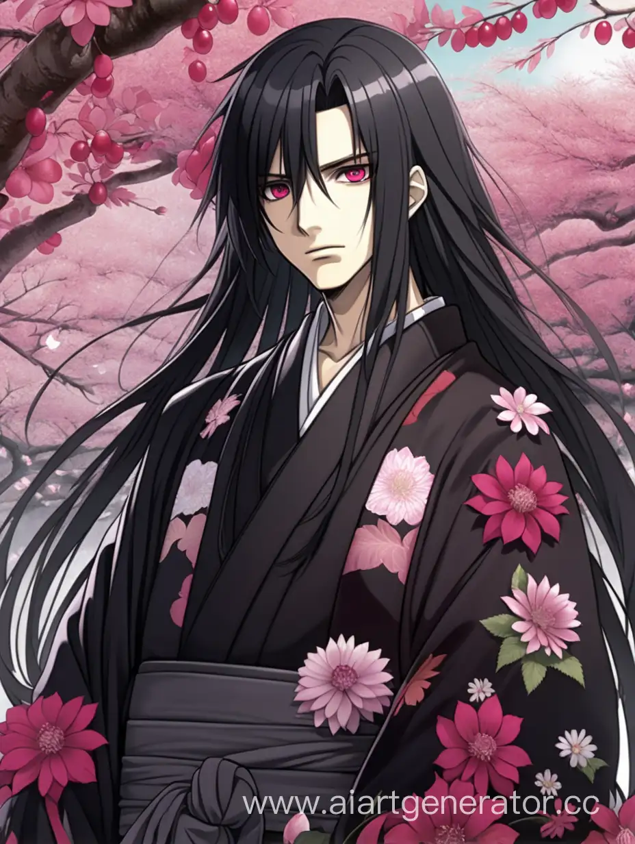 взрослый парень в аниме стиле стоит в саду уже мёртвых цветов с чёрными длинными волосами и глазами цвета малины, одет он в такое же чёрное кимоно как и его волосы 