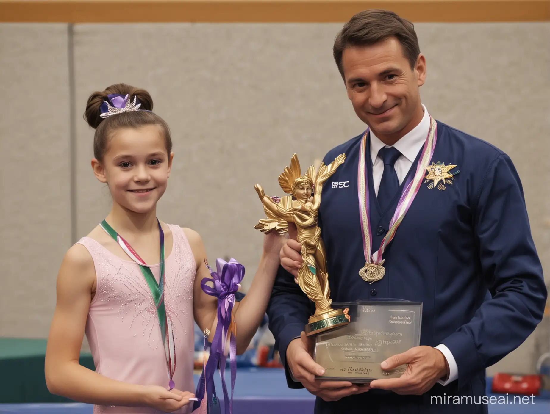 Young Gymnast Triumphs at Gymnastics Awards with Supportive Coach