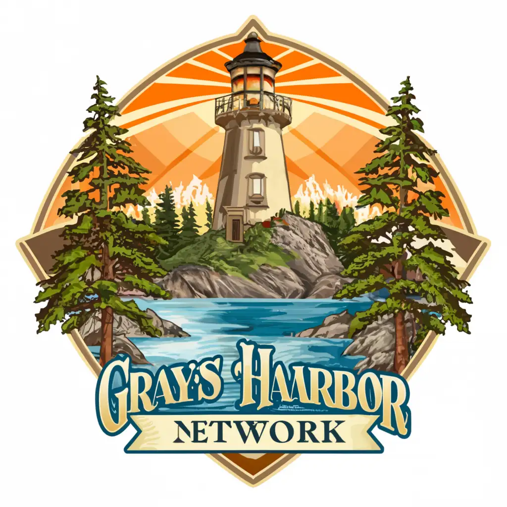 a logo design, with the text 'Grays Harbor County Network', main symbol: Request a logo for a FiveM Roleplay Server named 'Grays Harbor County Network'. Include a mountain, green trees, and a body of water, making it look like it's in Grays Harbor County, Washington. Grays Harbor County Network Logo. It's for an Emergency Response Liberty County Roleplay Community, complex, with clear background, Add a Lighthouse Add some Bald Eagles Flying Around