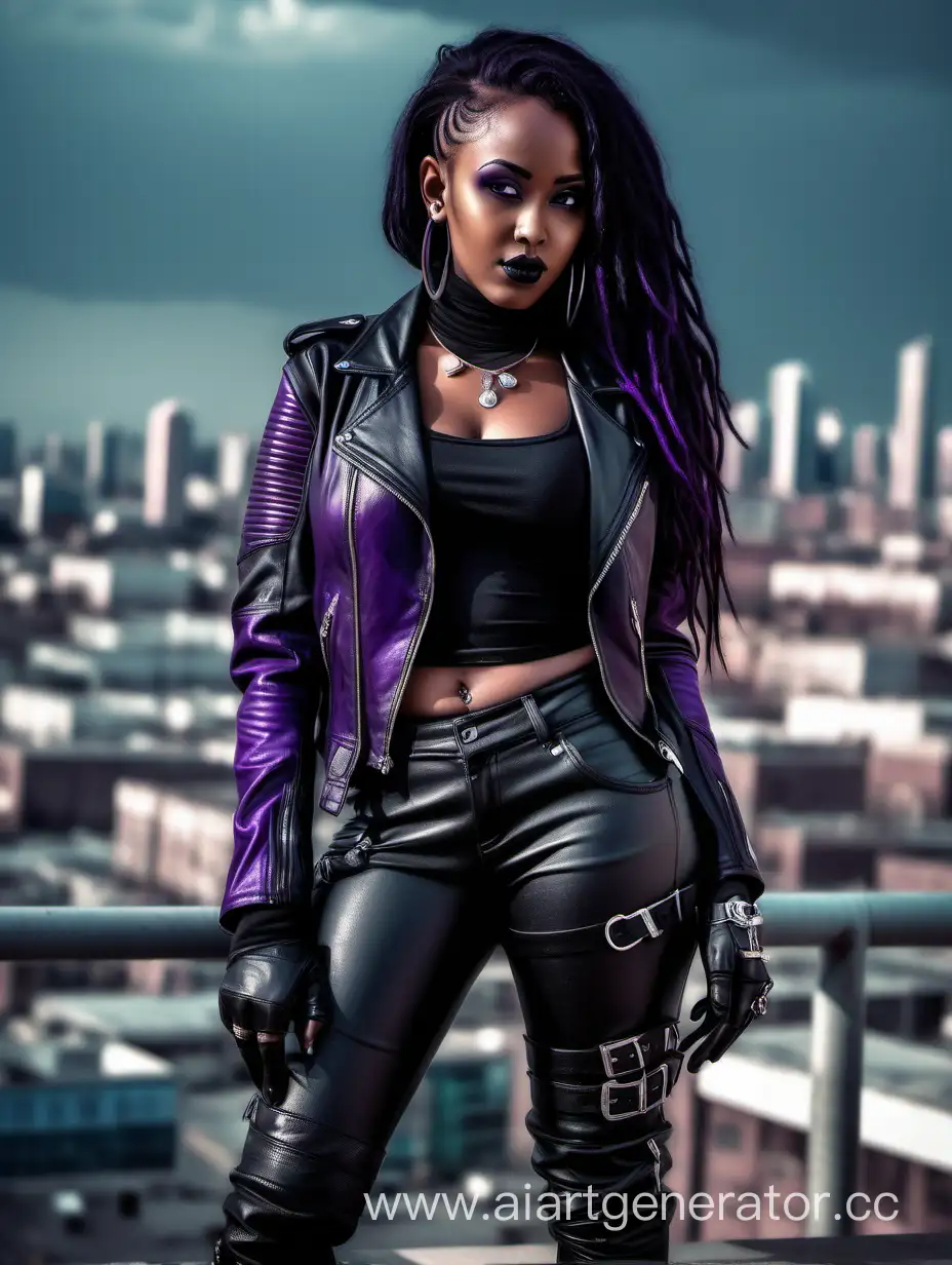 Young curvy somali woman. Gothic style. Dark long hair. Piercing on the ears. A black leather jacket is thrown over the top, a short black T-shirt, dark fitted trousers, black athletic boots, biker dark leather gloves with finger cutouts. In the background is a city in the style of cyberpunk. High detail. The purple shade of everything