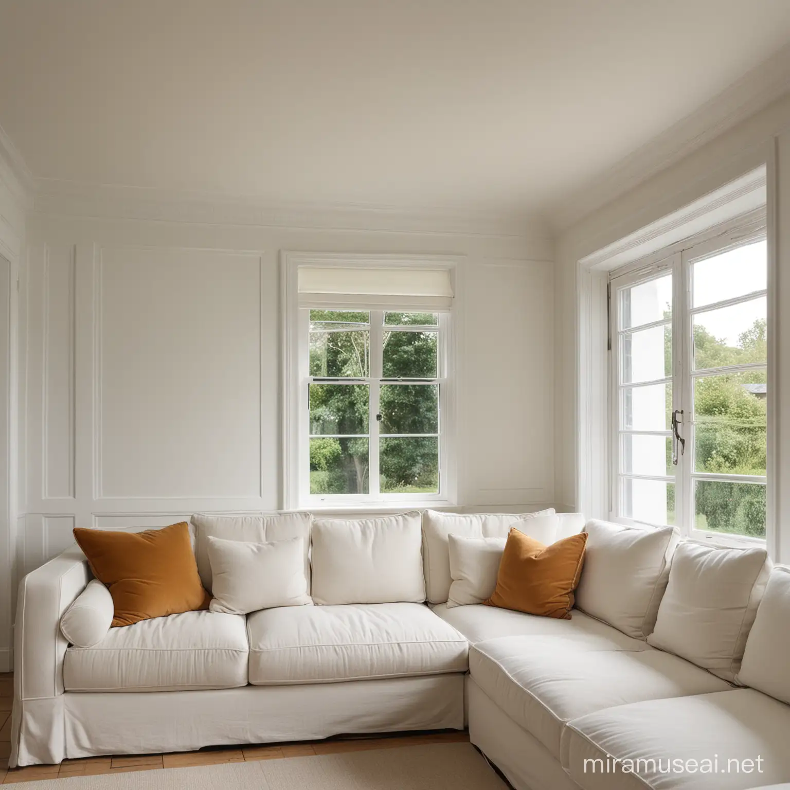 looking into the corner of a living room. large plain white panelled walls. sofa. window to left.