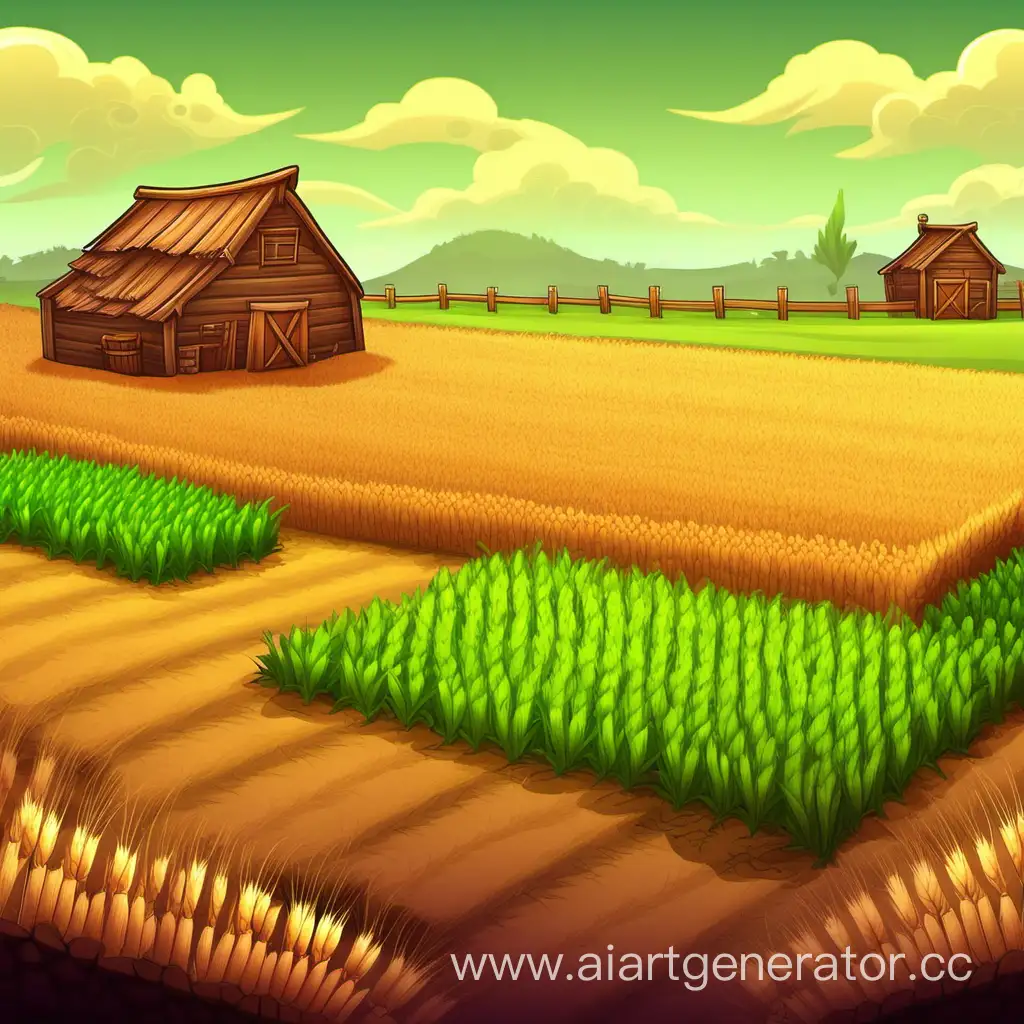 a background for 2D game, plains, farms, wheat plants
