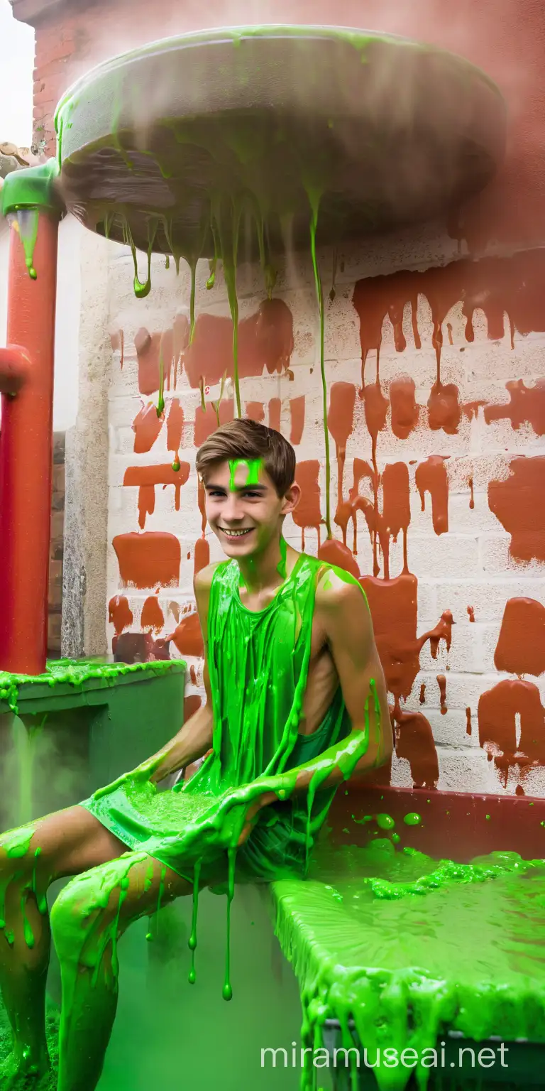 Green Gunge Covered Teenage Boys Playful Messy Fun