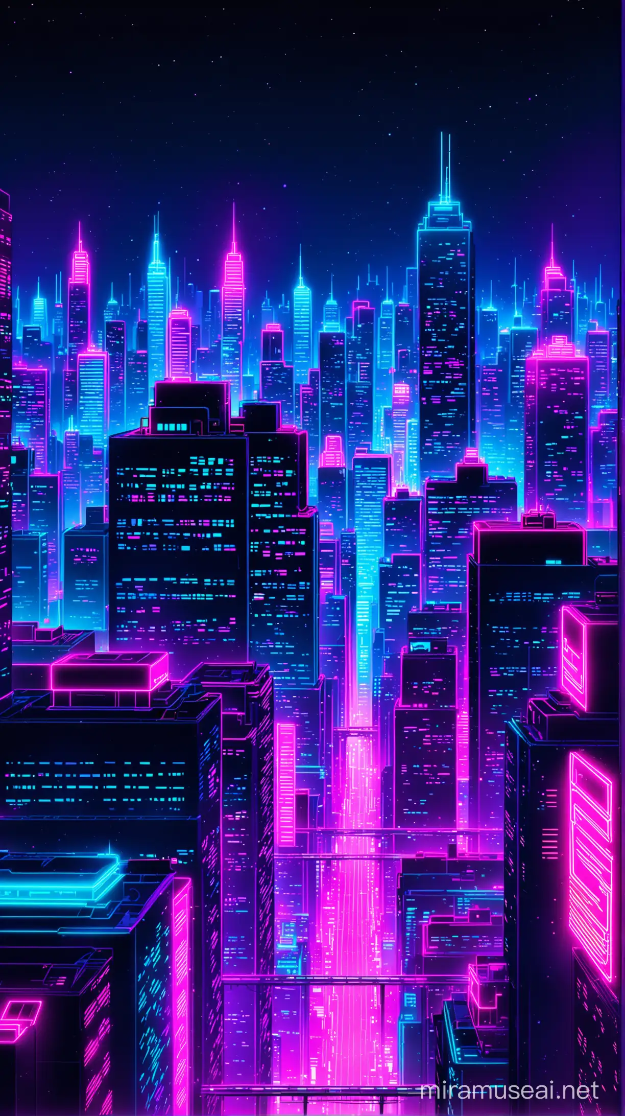 a neon lit city scape background 
