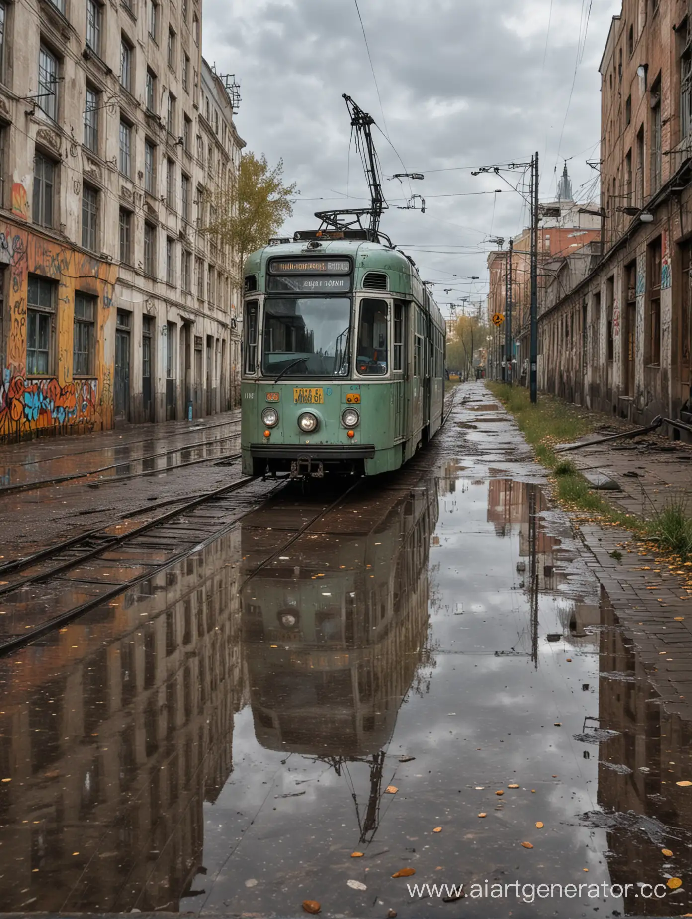 Abandoned-Tram-in-Moscow-Courtyard-with-Graffiti-Under-Autumn-Rain