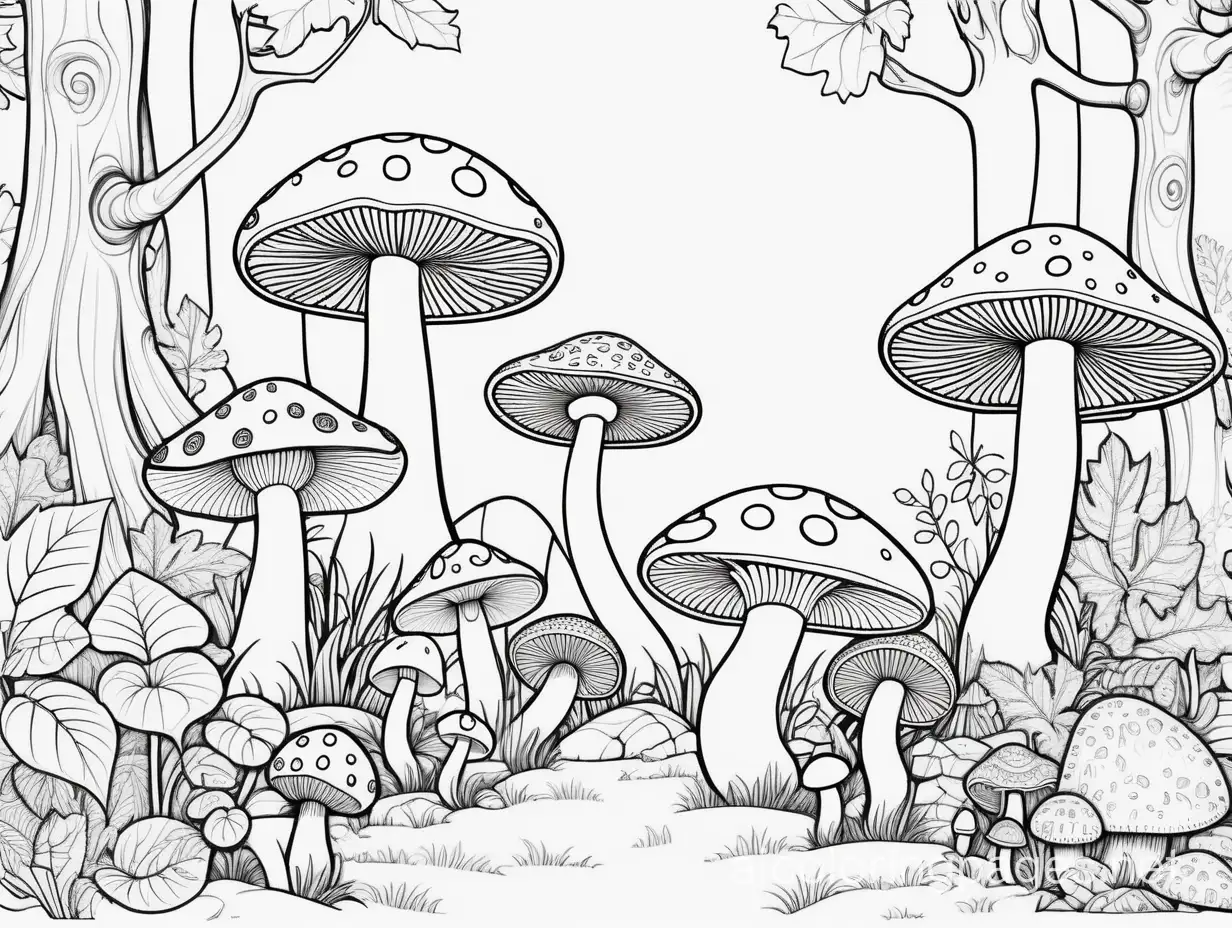 fantasy mushrooms in forest




, Coloring Page, black and white, line art, white background, Simplicity, Ample White Space. The background of the coloring page is plain white to make it easy for young children to color within the lines. The outlines of all the subjects are easy to distinguish, making it simple for kids to color without too much difficulty