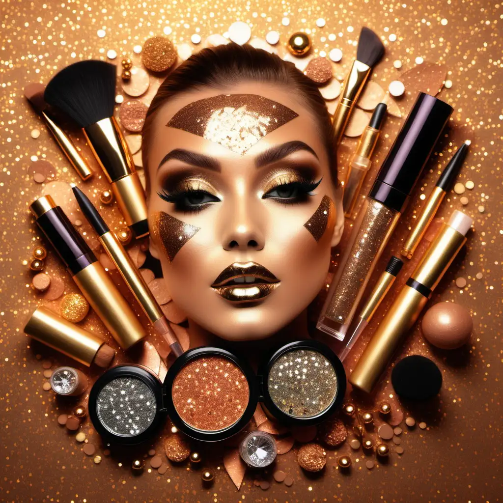 Vibrant Bronze Makeup Collage with Glitter and Diamonds