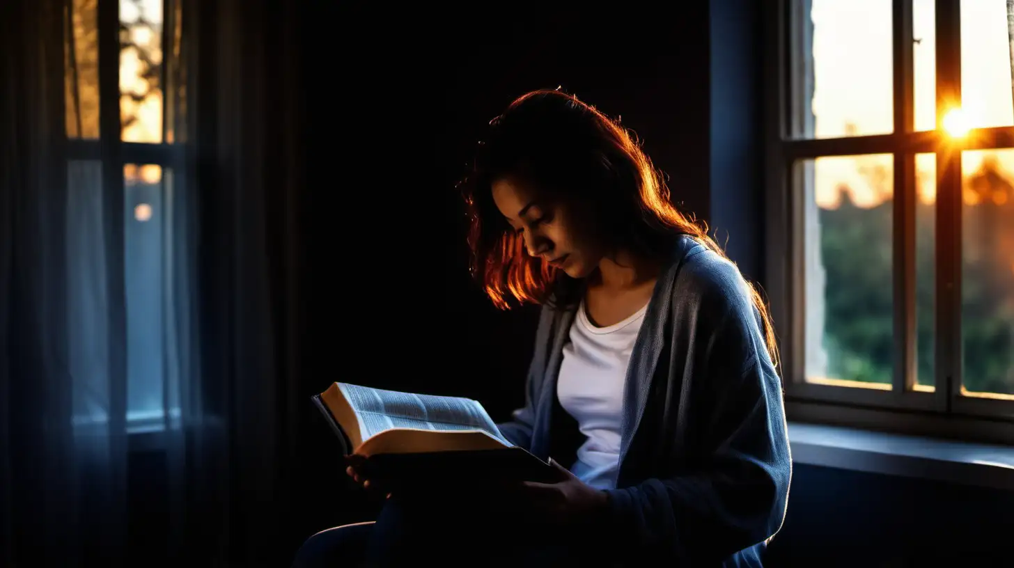 a woman sitting down reading her Bible in her house, dark background blurred, sunrise through window, leave space on the side of the woman