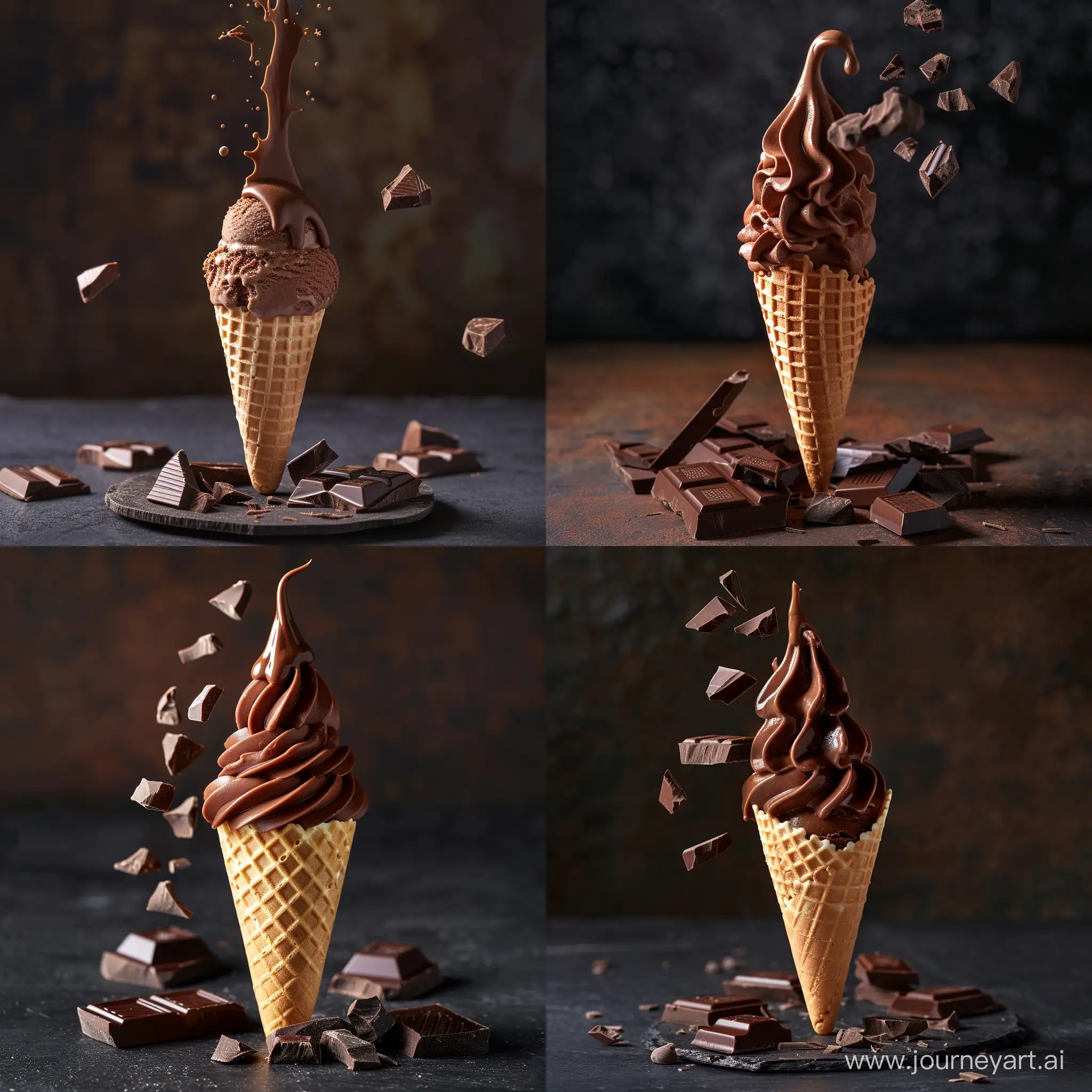 chocolate ice cream cone with icing falling into some chocolate pieces, dark background, energetic dynamism, ultra hd, 8k, realistic, bright color, high quality photo, high detailed