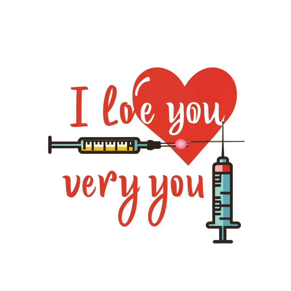 logo, Heart and Syringe, with the text "I love you very much", typography