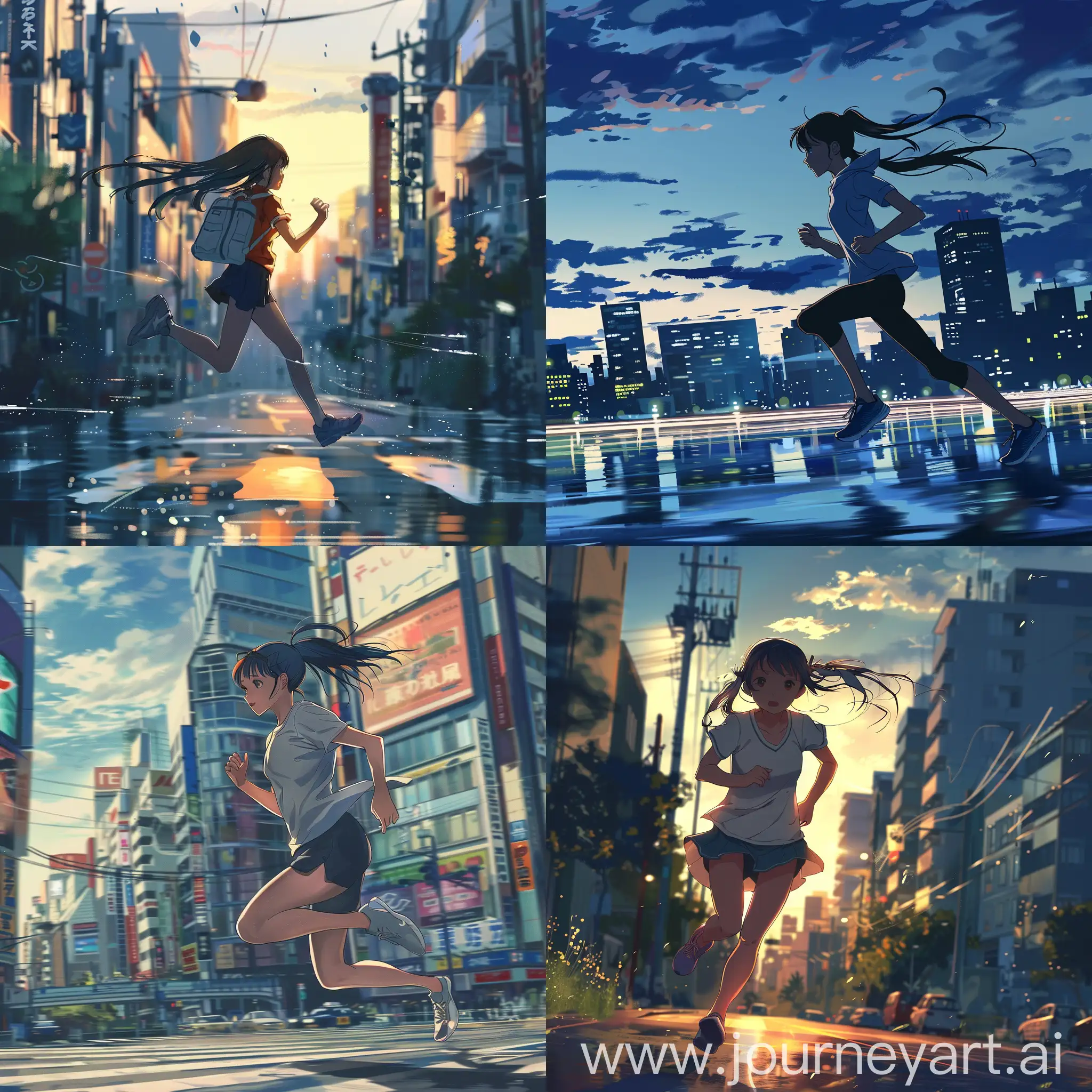 One Girl is run, background is City. Japan Anime Style.
