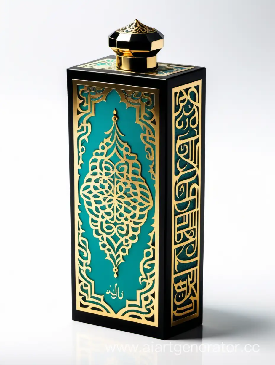 Luxurious-Arabesque-Perfume-Box-in-Elegant-Turquoise-and-Gold-on-Matte-Black-Background