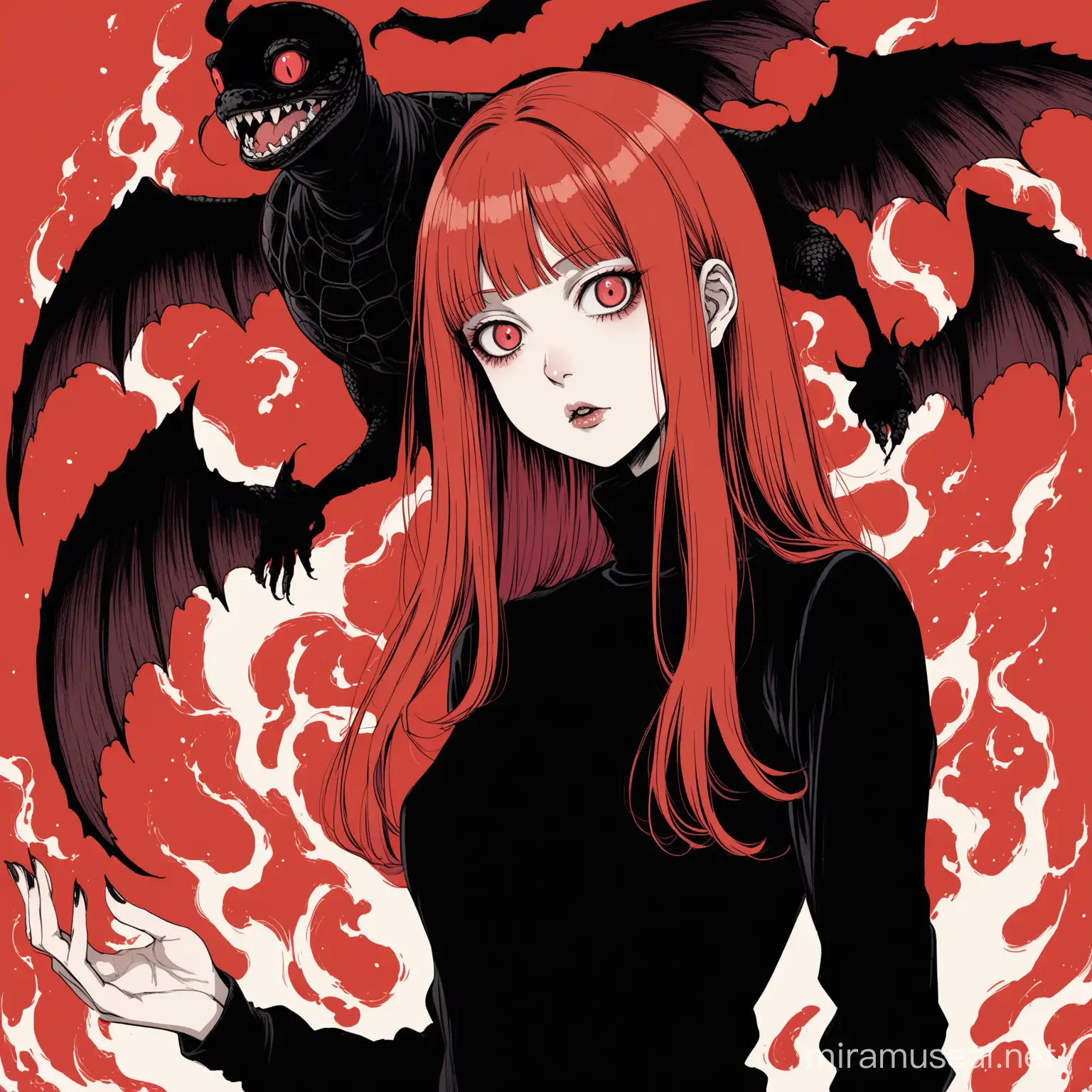 redhead woman, long hair, 2d, black turtle neck jumper, junji ito style, summoning demon