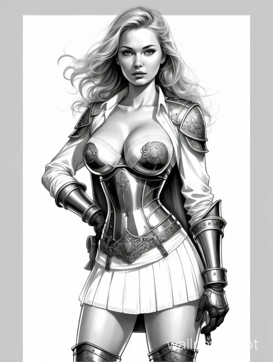 Magdalena Neumann, Russian spy girl, light hair, large bust size 4, narrow waist, wide hips, ancient armor, white underwear, exposed abdomen, Skirt with metal overlays, black and white sketch, white background