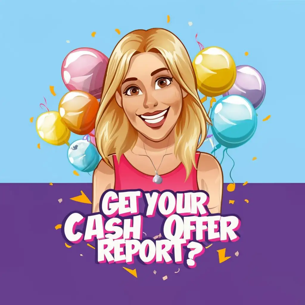 a logo design, with the text 'SEWELL ASSOCIATES', main symbol: Smiling Blonde Female Middle Twenties with a blue background and balloons with text that reads 'Get Your Cash Offer Report!?'